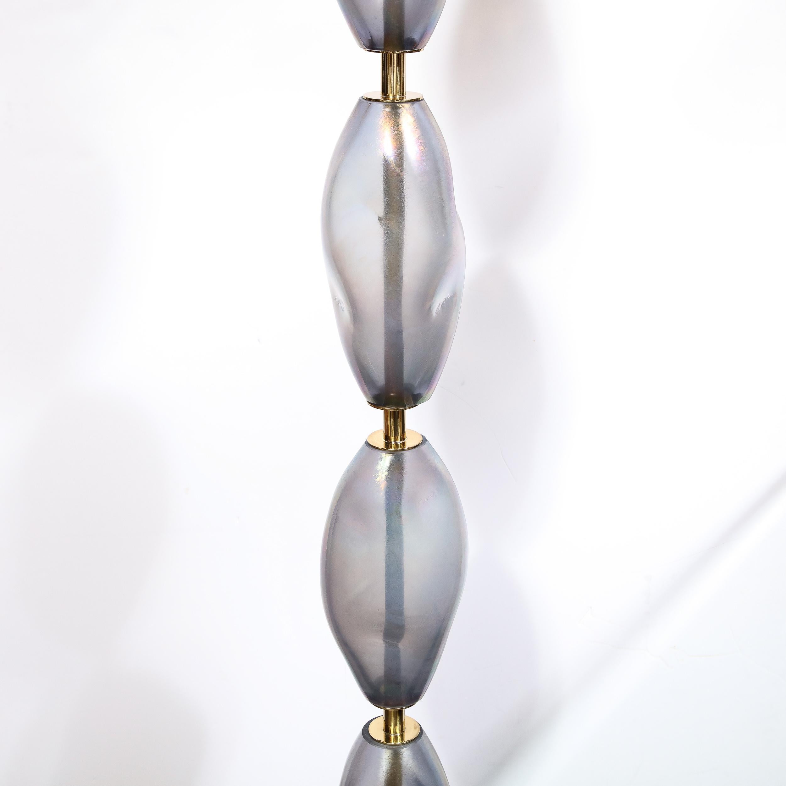 Pair of Modernist Hand-Blown Smoked Cobalt Murano Glass & Brass Torchieres For Sale 4