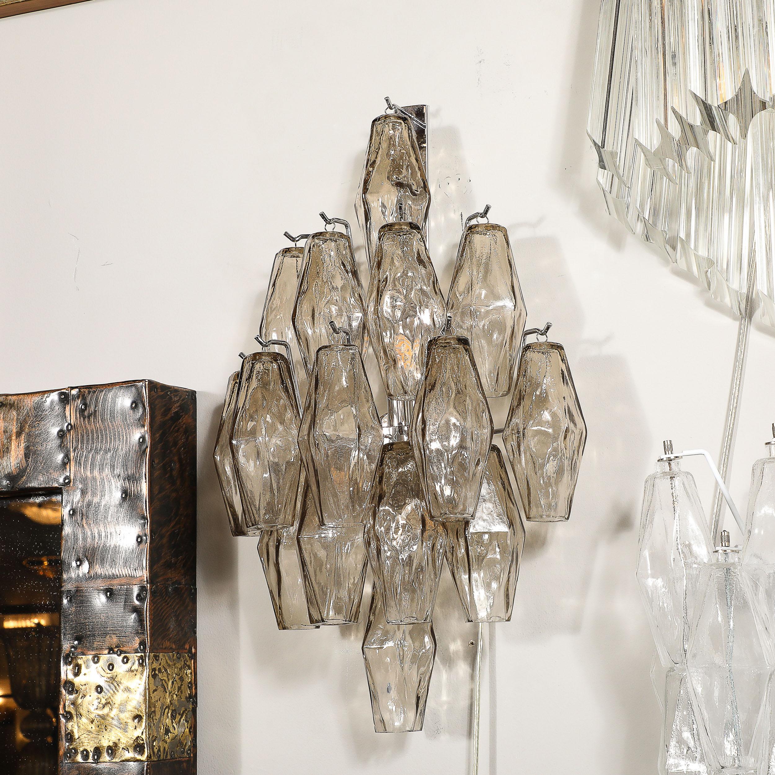 Pair of Modernist Hand-Blown Smoked Murano Glass Diamond Form Polyhedral Sconces For Sale 8