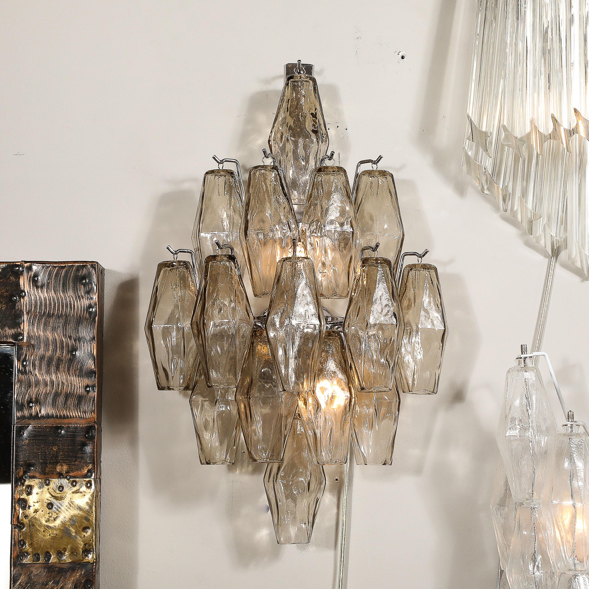 Pair of Modernist Hand-Blown Smoked Murano Glass Diamond Form Polyhedral Sconces In Excellent Condition For Sale In New York, NY