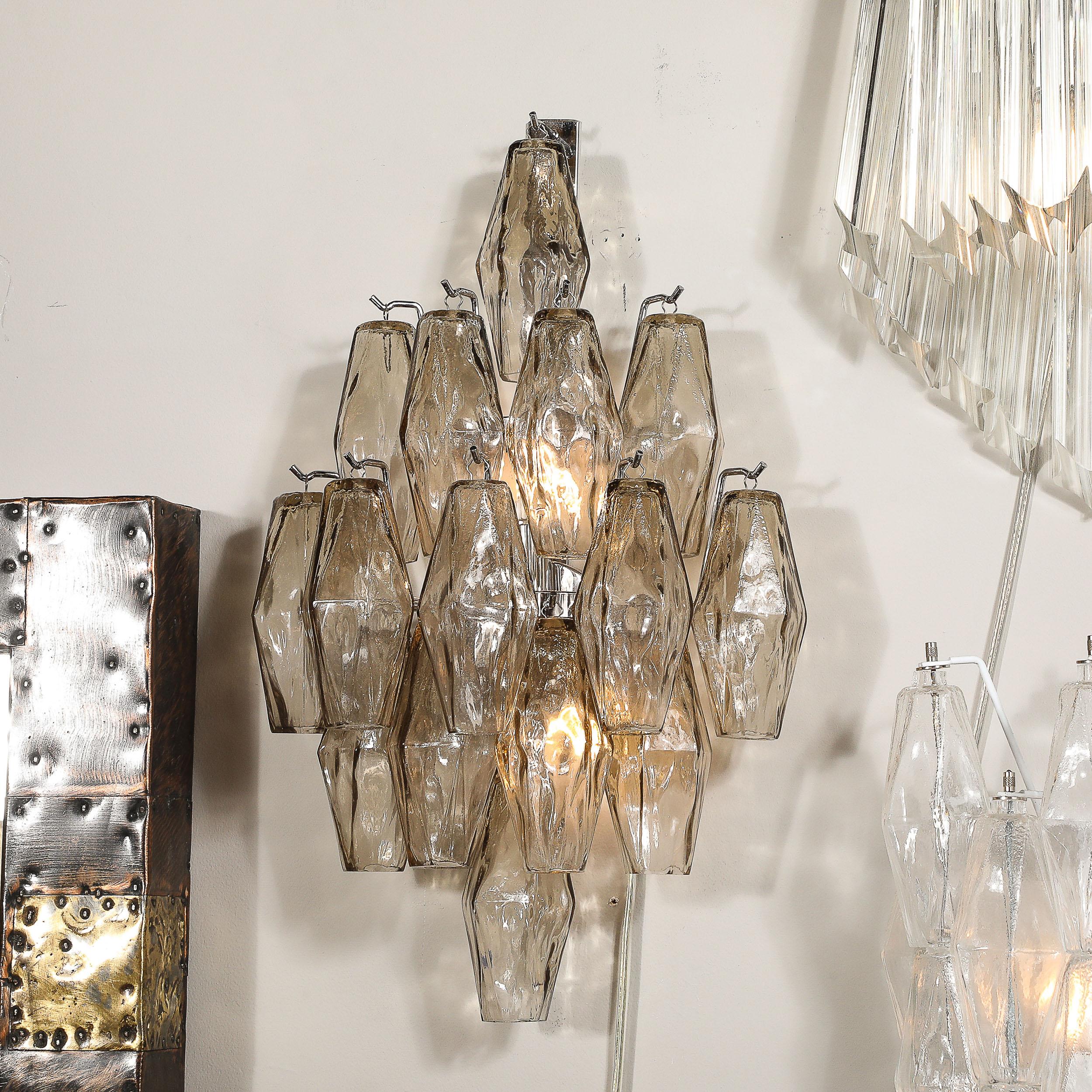 20th Century Pair of Modernist Hand-Blown Smoked Murano Glass Diamond Form Polyhedral Sconces For Sale