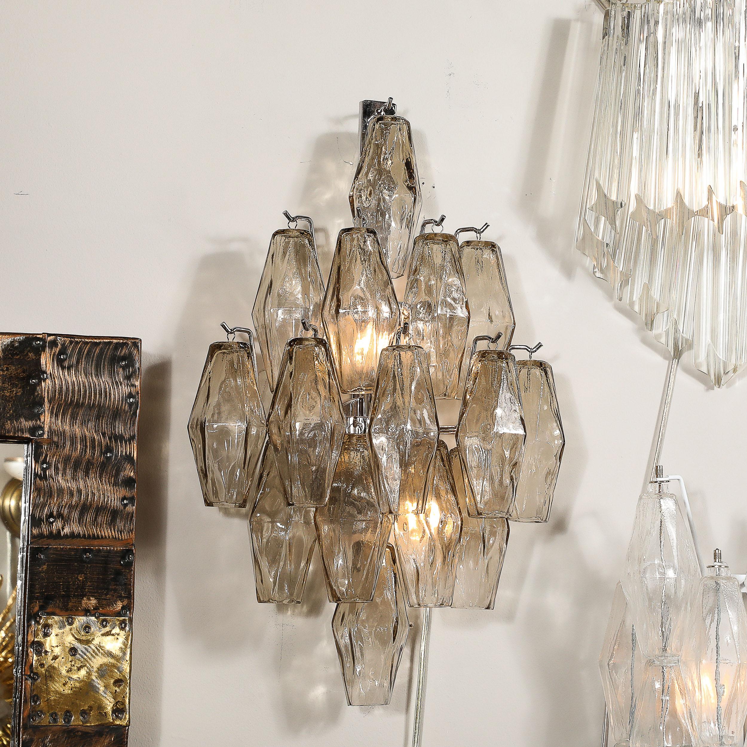 Pair of Modernist Hand-Blown Smoked Murano Glass Diamond Form Polyhedral Sconces For Sale 1