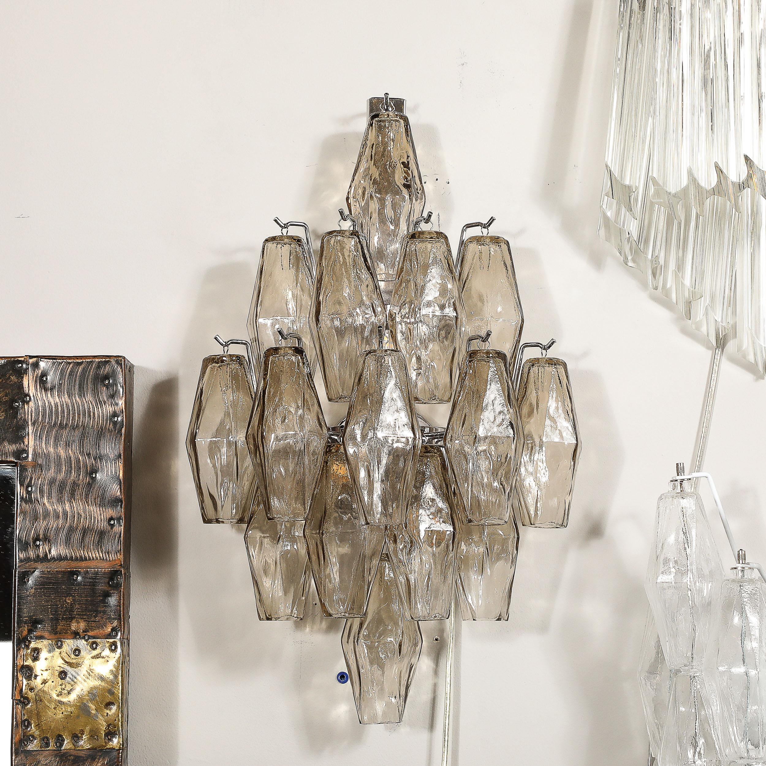 Pair of Modernist Hand-Blown Smoked Murano Glass Diamond Form Polyhedral Sconces For Sale 2