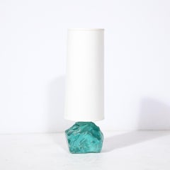 Pair of Modernist Hand-Cut Aquamarine Murano Glass Table Lamps