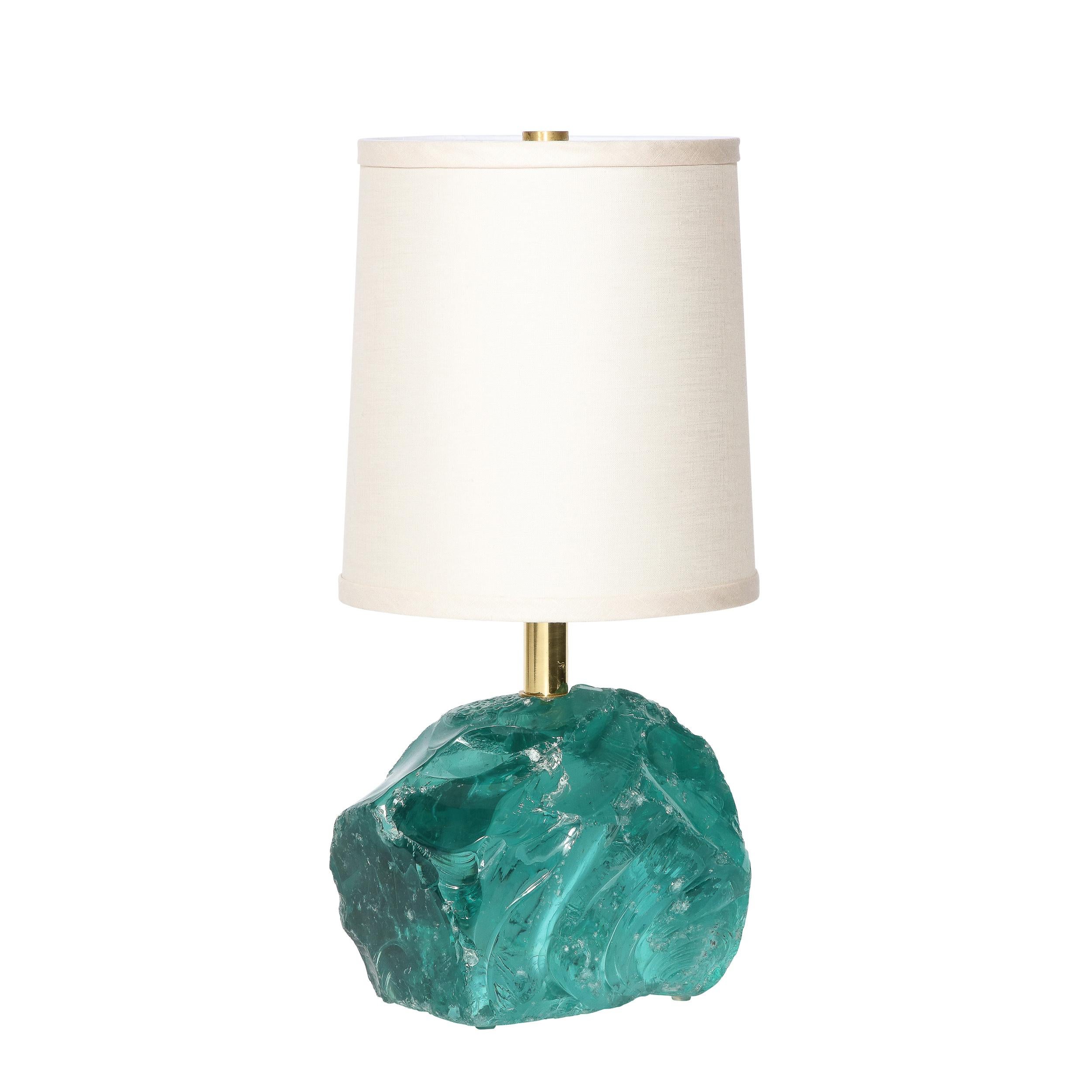 Italian Pair of Modernist Hand-Cut Aquamarine Murano Glass Table Lamps For Sale