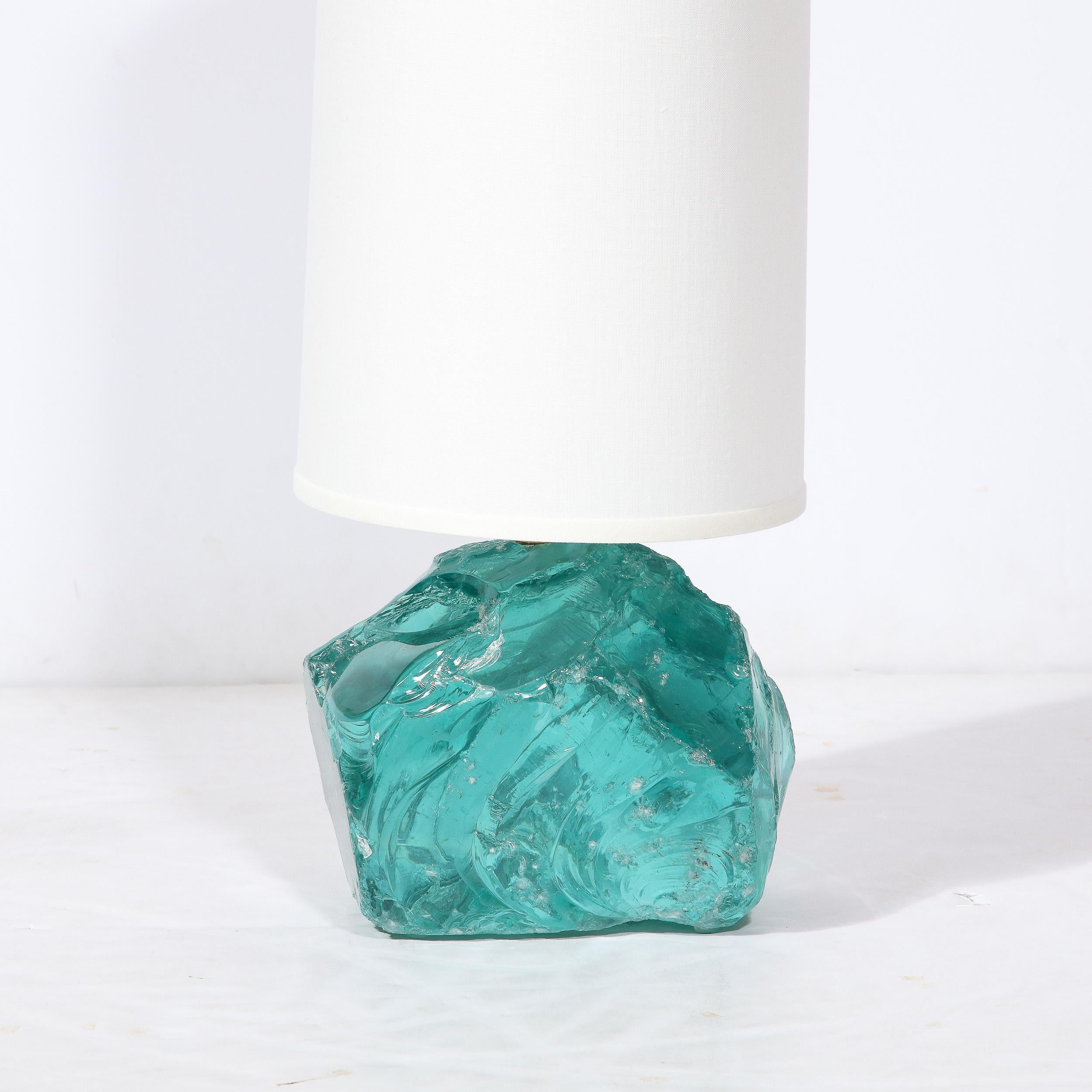 Italian Pair of Modernist Hand-Cut Aquamarine Murano Glass Table Lamps For Sale
