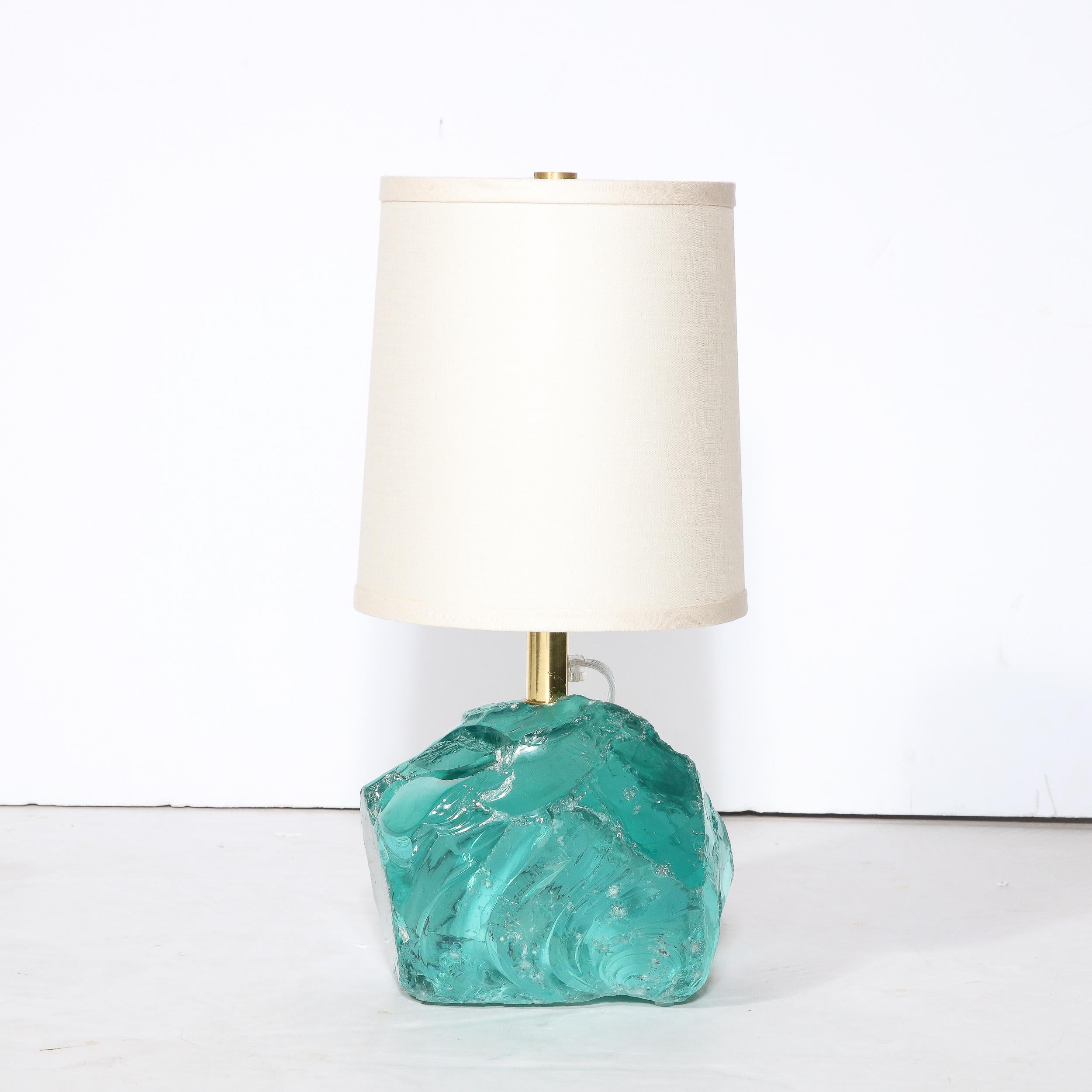 Pair of Modernist Hand-Cut Aquamarine Murano Glass Table Lamps In New Condition For Sale In New York, NY