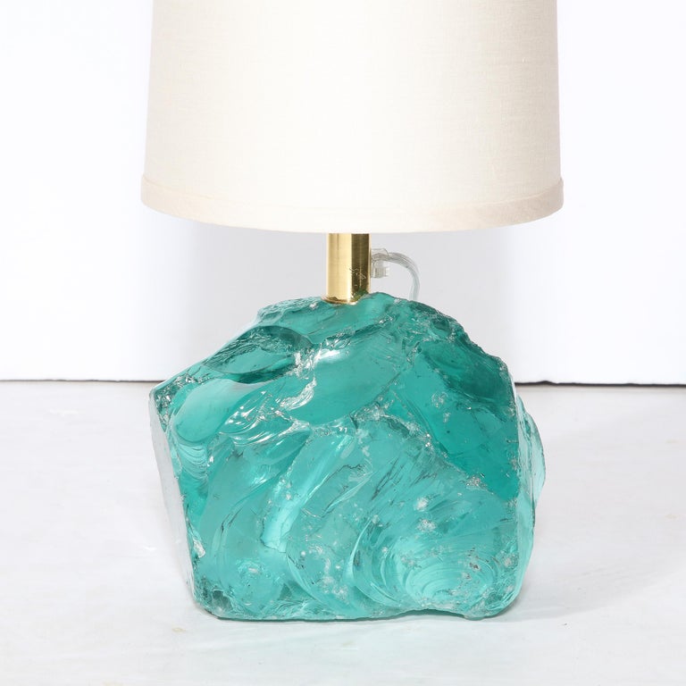 Pair of Modernist HandCut Aquamarine Murano Glass Table Lamps For Sale