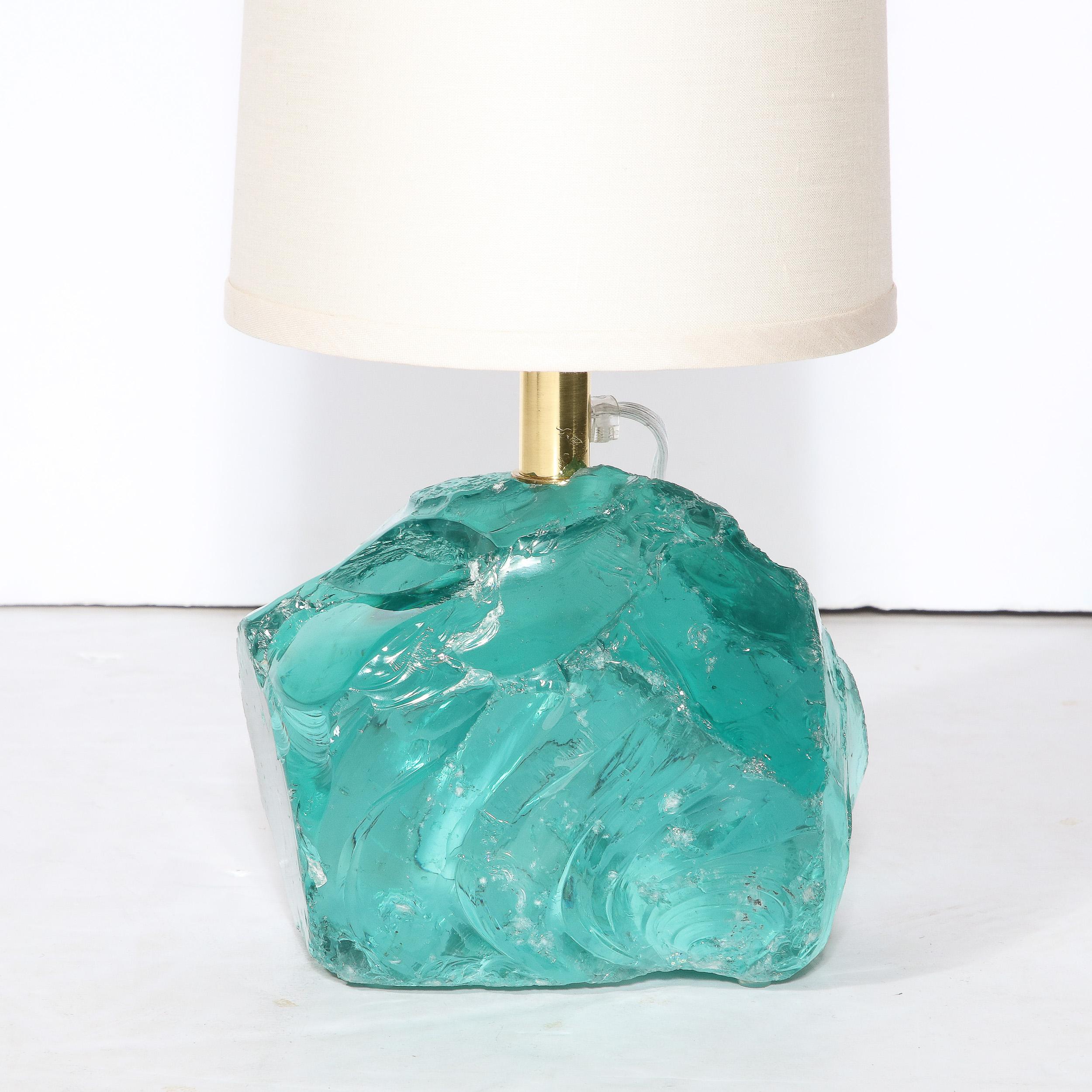 Contemporary Pair of Modernist Hand-Cut Aquamarine Murano Glass Table Lamps For Sale