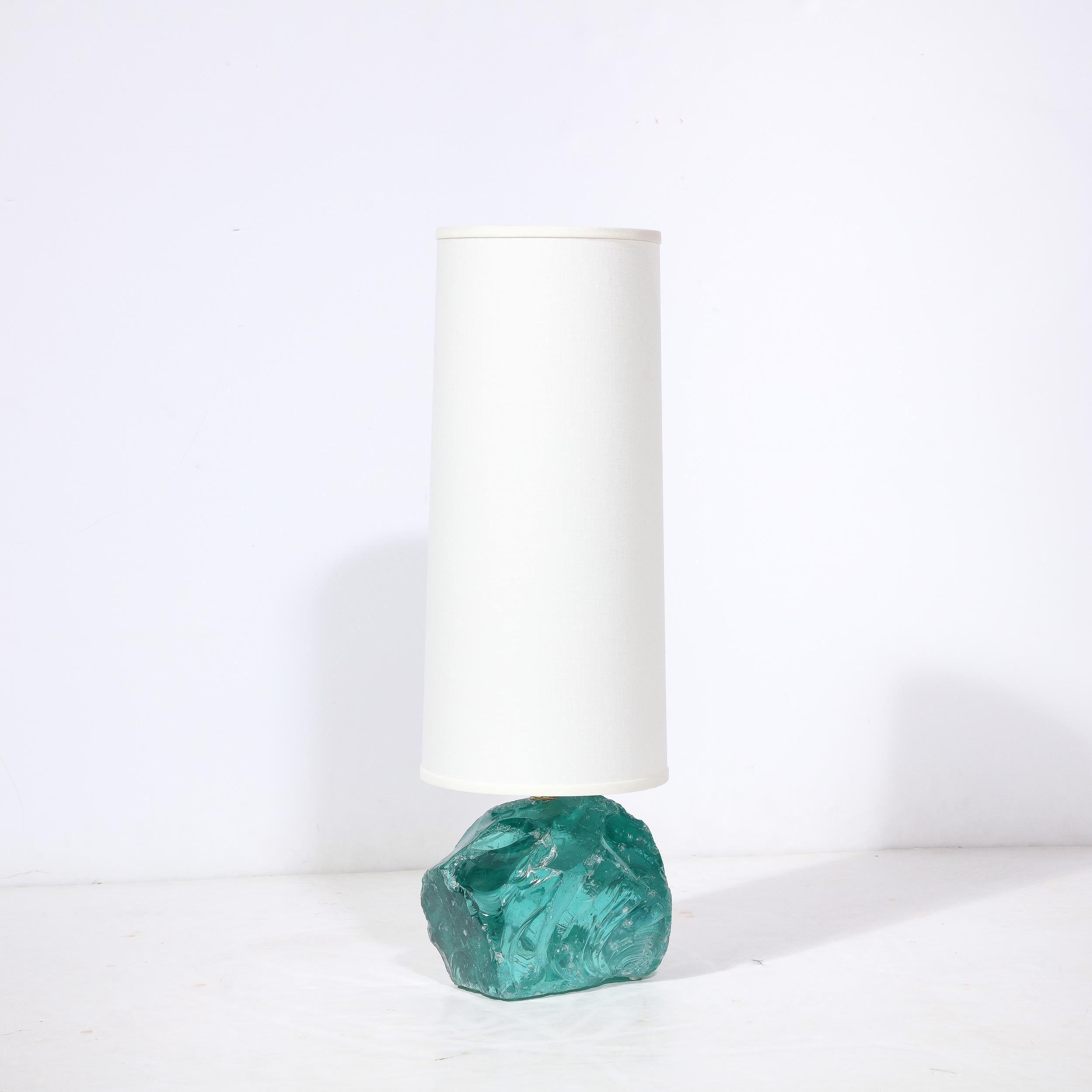 Contemporary Pair of Modernist Hand-Cut Aquamarine Murano Glass Table Lamps For Sale
