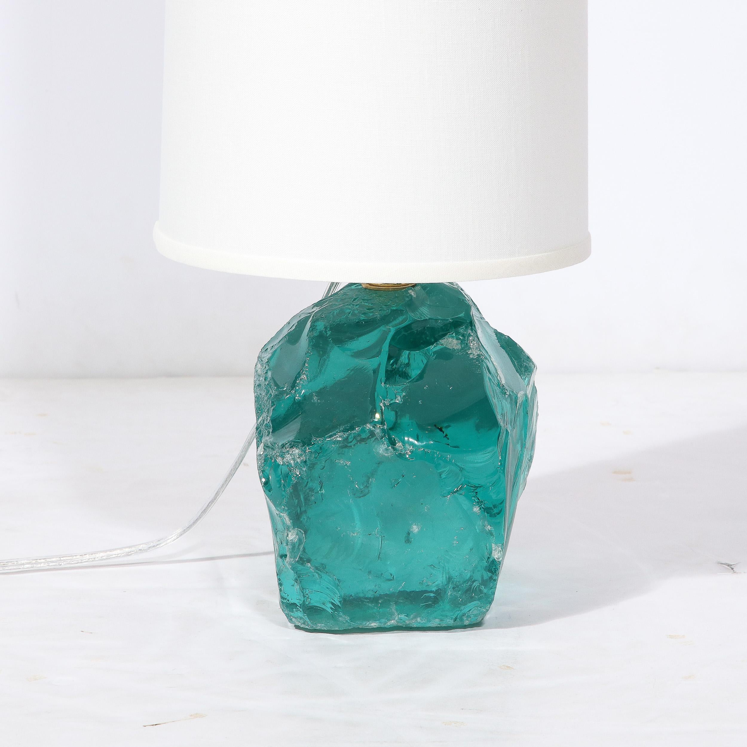 Pair of Modernist Hand-Cut Aquamarine Murano Glass Table Lamps For Sale 1
