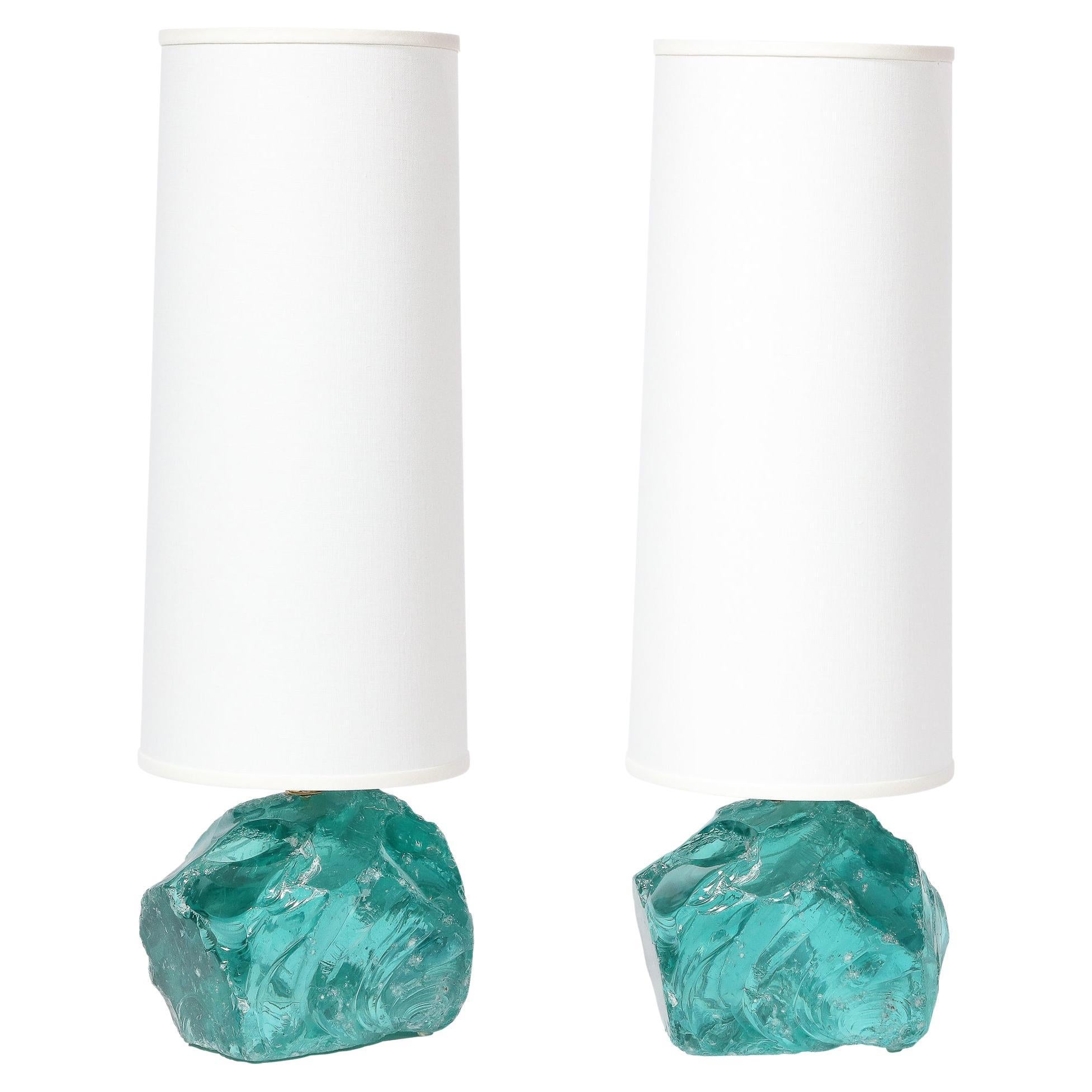 Pair of Modernist Hand-Cut Aquamarine Murano Glass Table Lamps