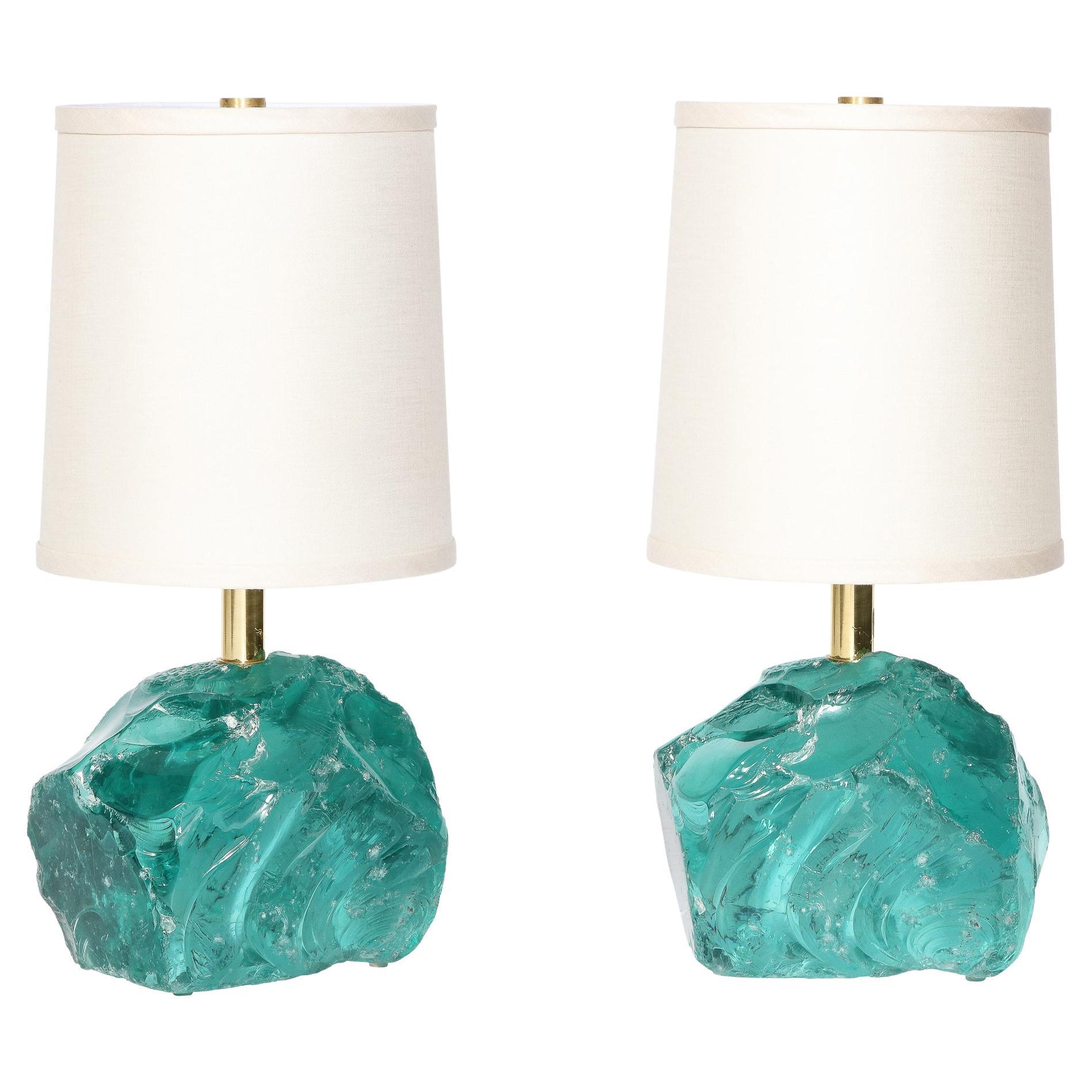 Pair of Modernist Hand-Cut Aquamarine Murano Glass Table Lamps For Sale