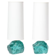 Pair of Modernist Hand-Cut Aquamarine Murano Glass Table Lamps