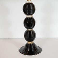 Pair of Modernist Handblown Black Murano Table Lamps with 24-Karat Gold Banding