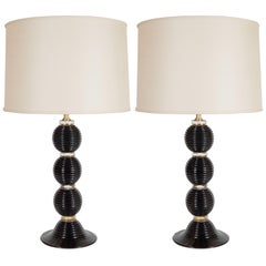 Pair of Modernist Handblown Black Murano Table Lamps with 24-Karat Gold Banding