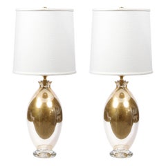 Paire de lampes de table modernes soufflées à la main à Murano et ornées de feuilles d'or 24kt