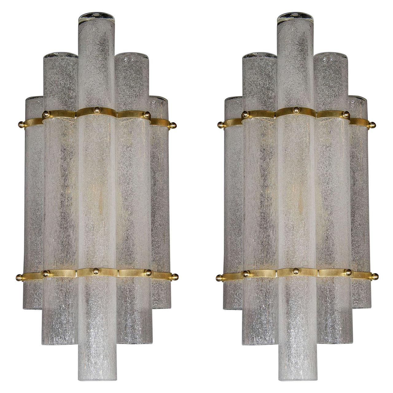 Pair of Modernist Hand Blown Murano Glass "Pulegoso" Sconces with Brass Fittings