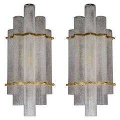 Pair of Modernist Hand Blown Murano Glass "Pulegoso" Sconces with Brass Fittings