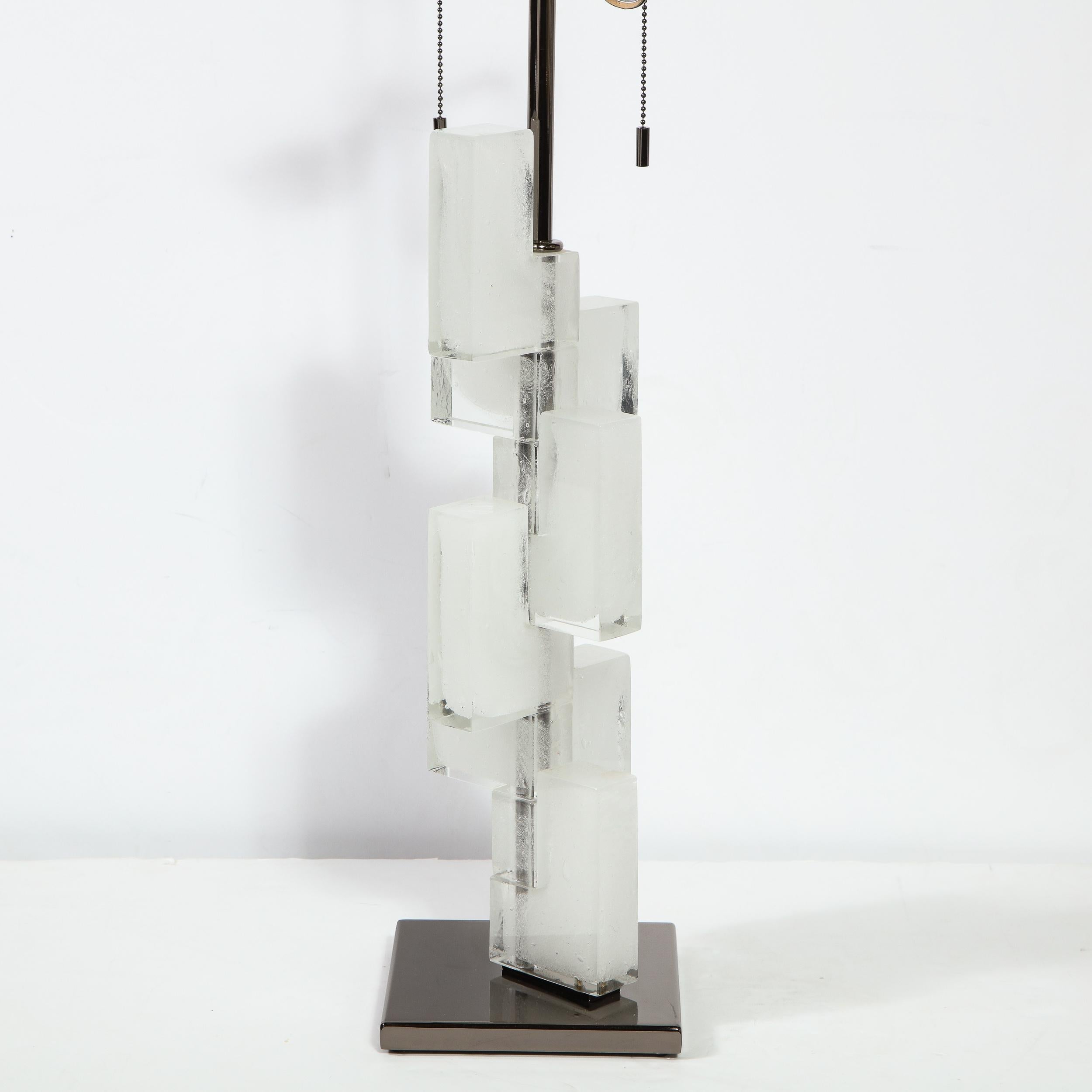 Pair of Modernist Handblown Murano Ice Glass Table Lamps w/ Gunmetal Fittings 4