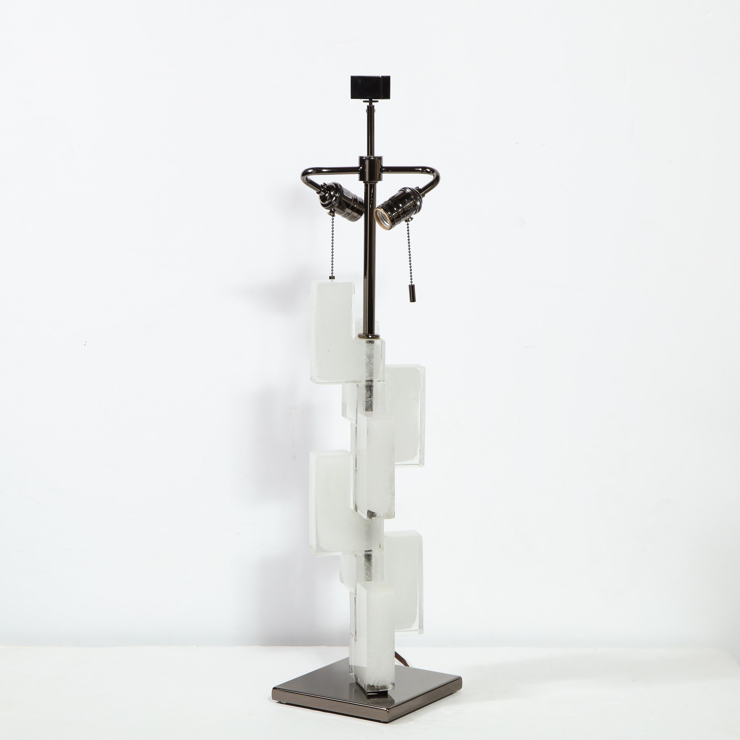 Pair of Modernist Handblown Murano Ice Glass Table Lamps w/ Gunmetal Fittings 6