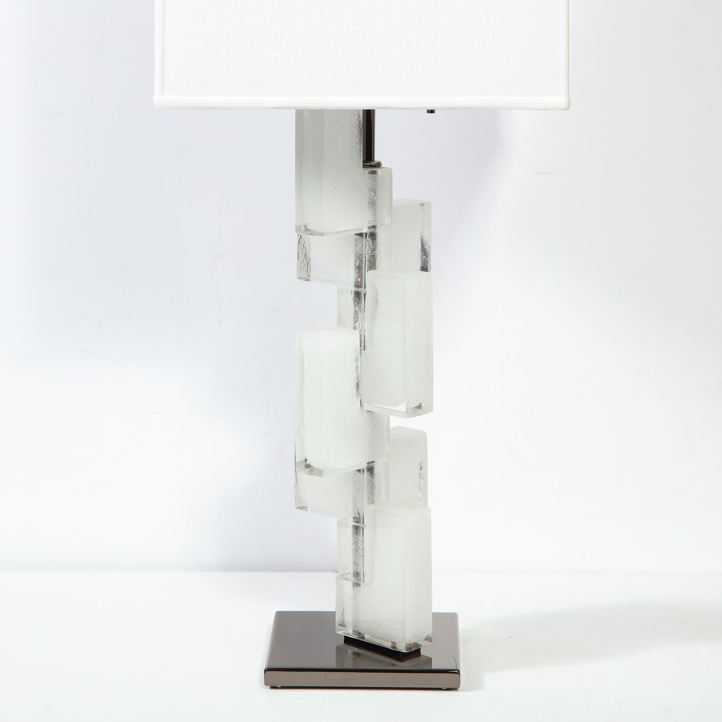 Italian Pair of Modernist Handblown Murano Ice Glass Table Lamps w/ Gunmetal Fittings