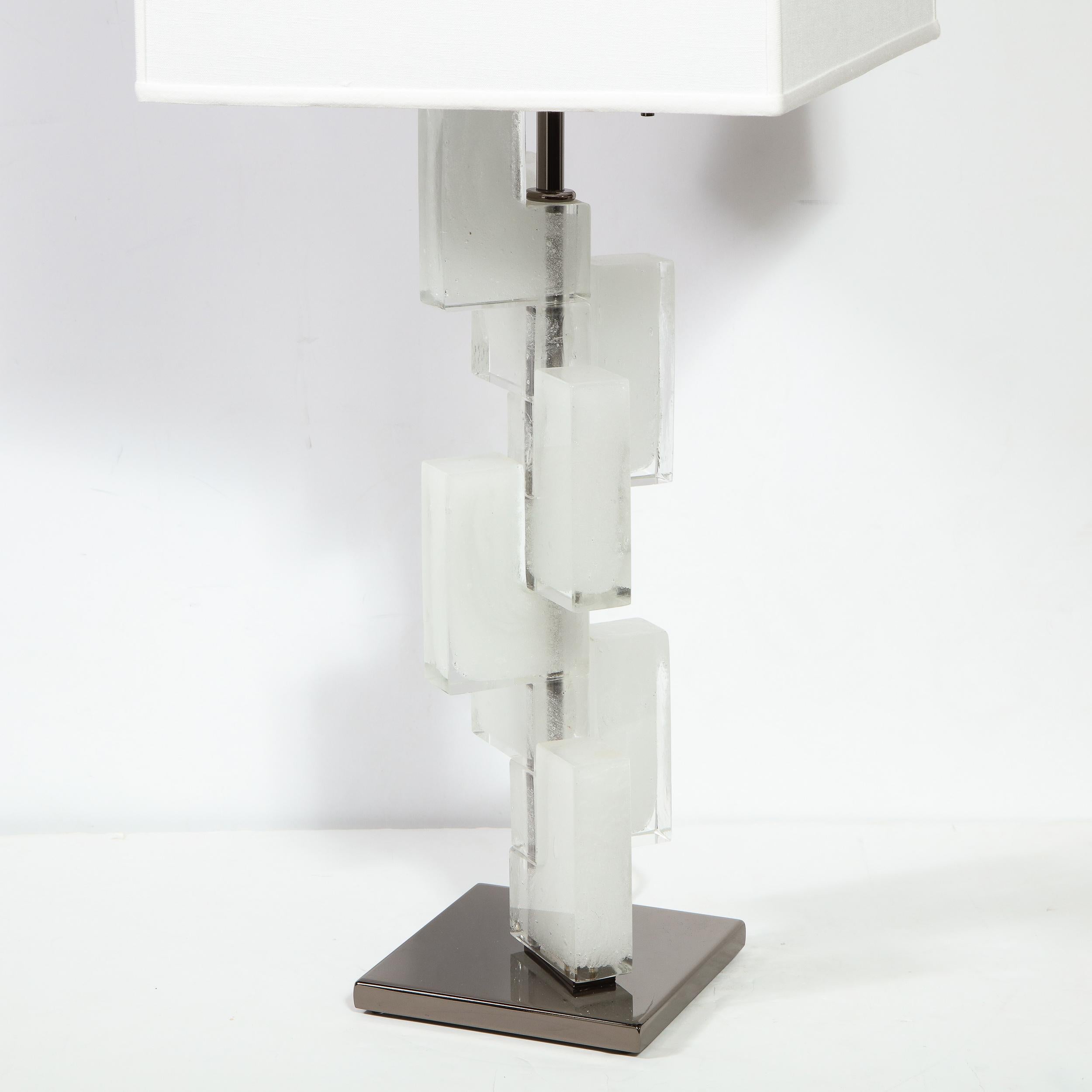 Murano Glass Pair of Modernist Handblown Murano Ice Glass Table Lamps w/ Gunmetal Fittings