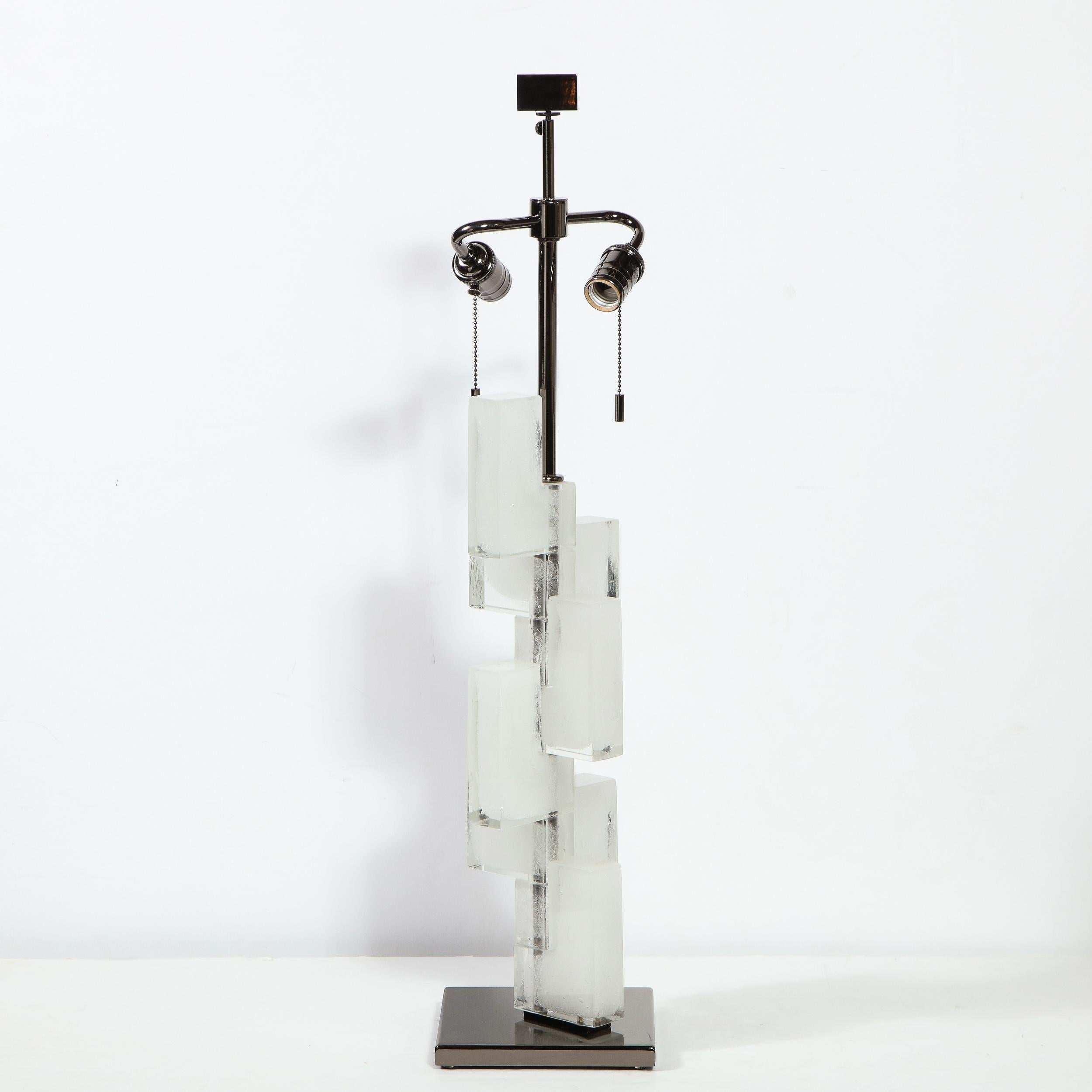Pair of Modernist Handblown Murano Ice Glass Table Lamps w/ Gunmetal Fittings 3