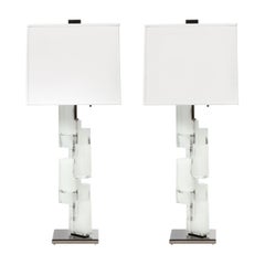 Pair of Modernist Handblown Murano Ice Glass Table Lamps w/ Gunmetal Fittings