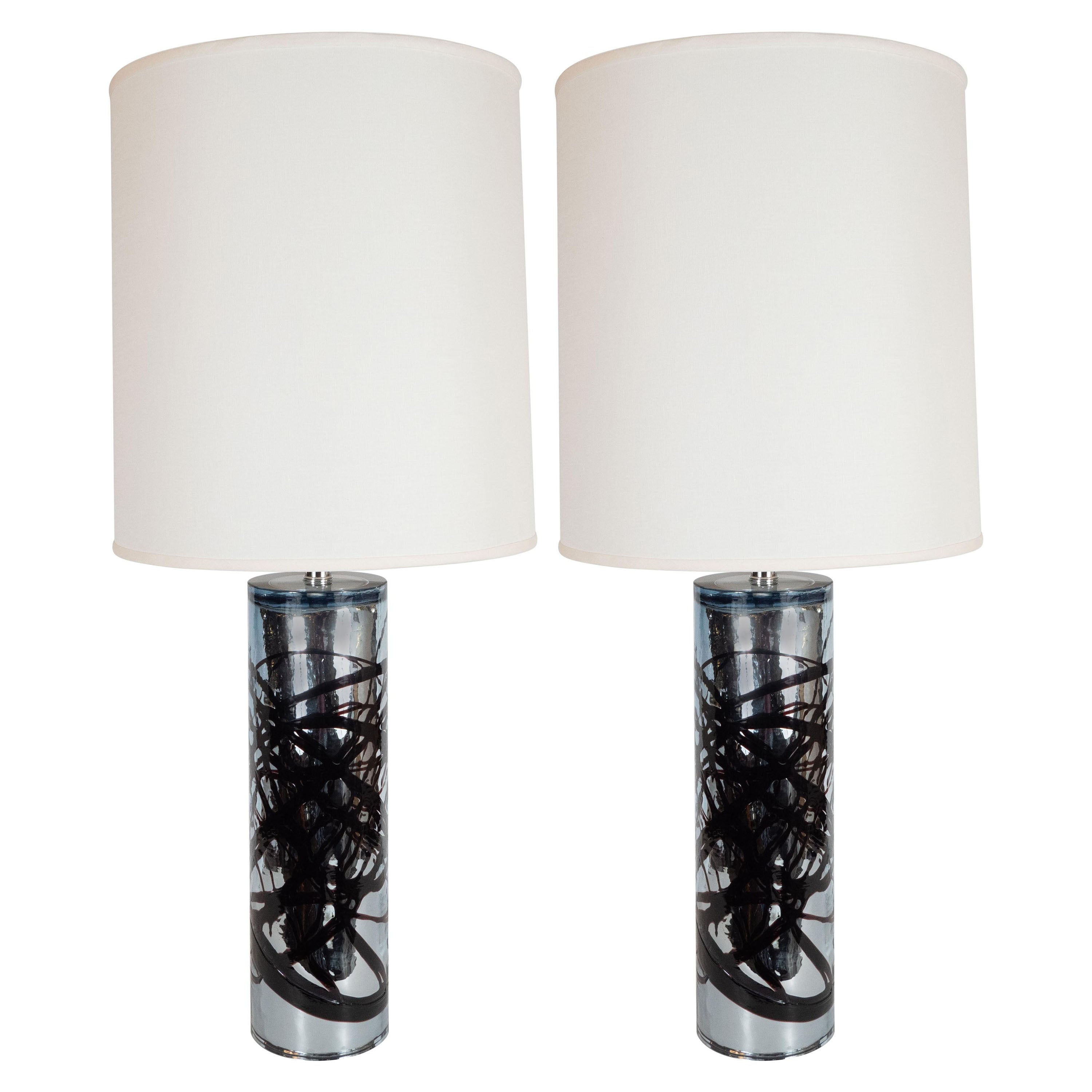 Paire de lampes de bureau modernistes en verre de Murano mercuré soufflé à la main avec détails organiques