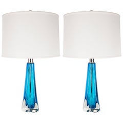 Pair of Modernist Handblown Murano Pale Sapphire & Translucent Glass Table Lamps