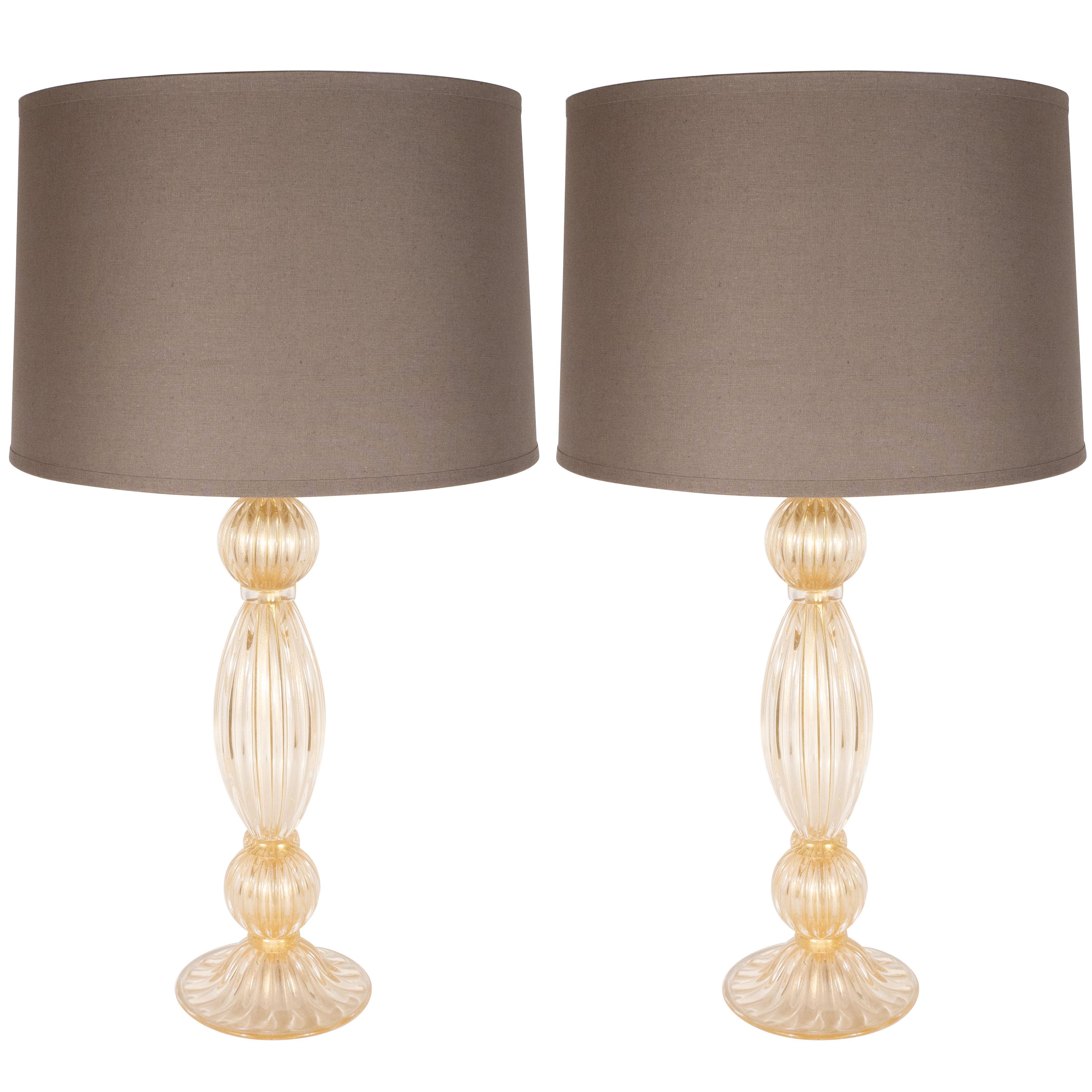 Pair of Modernist Handblown Murano Ribbed 24-Karat Gold Table Lamps