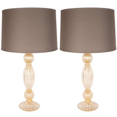Paire de lampes de bureau modernistes soufflées à la main en or 24 carats de Murano côtelées