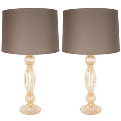 Pair of Modernist Handblown Murano Ribbed 24-Karat Gold Table Lamps