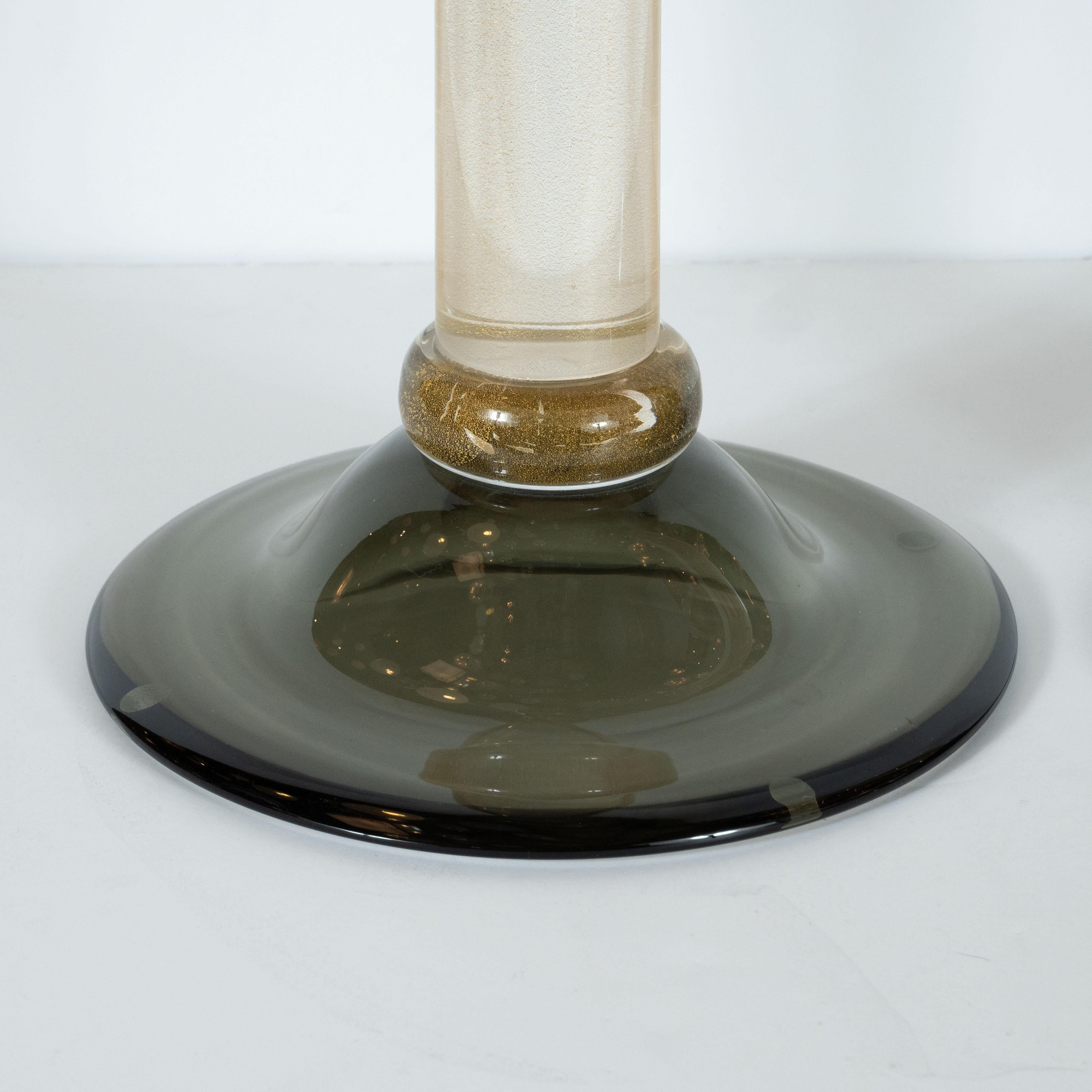 Pair of Modernist Handblown Murano Smoked Glass Candlesticks with 24-Karat Gold In Excellent Condition In New York, NY