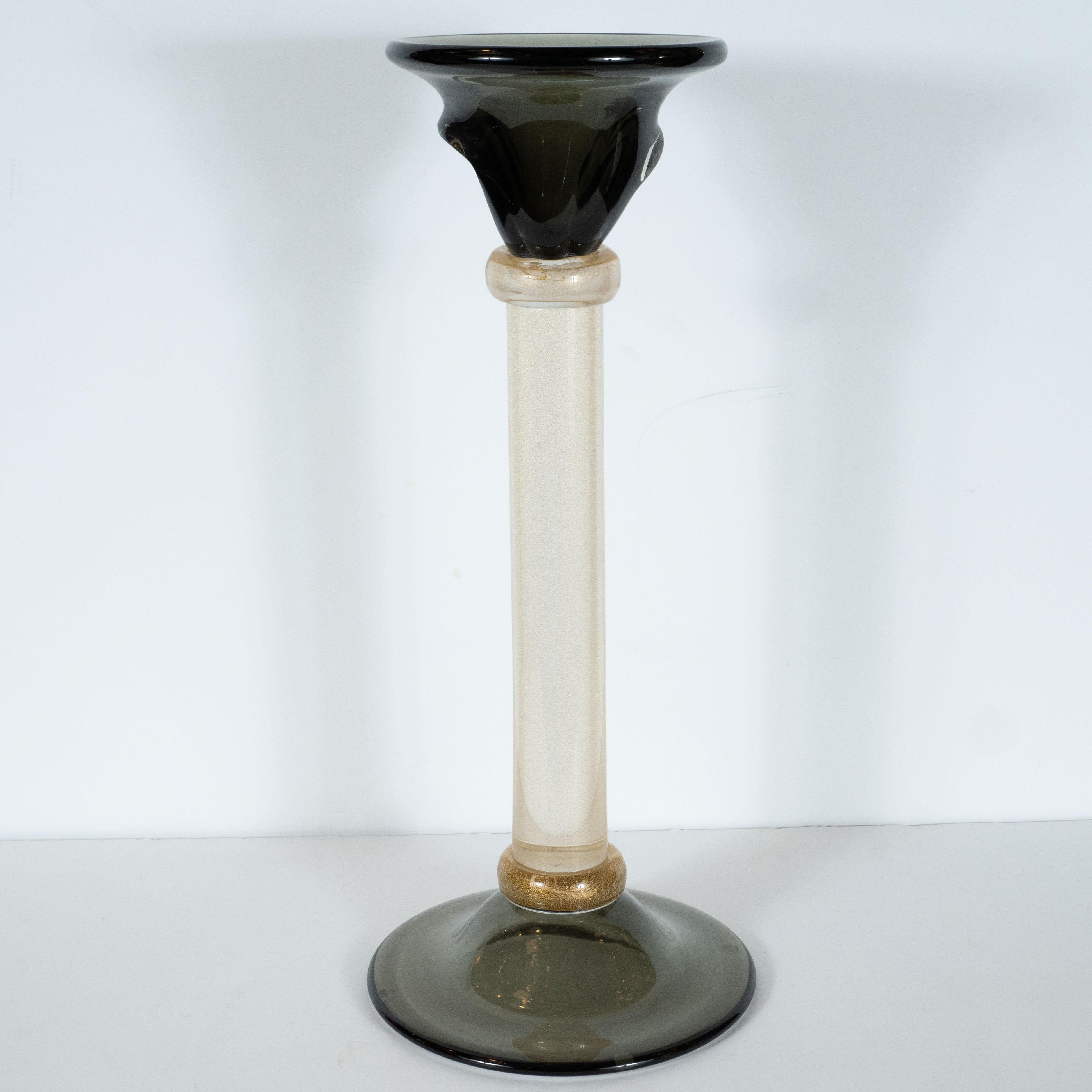Contemporary Pair of Modernist Handblown Murano Smoked Glass Candlesticks with 24-Karat Gold