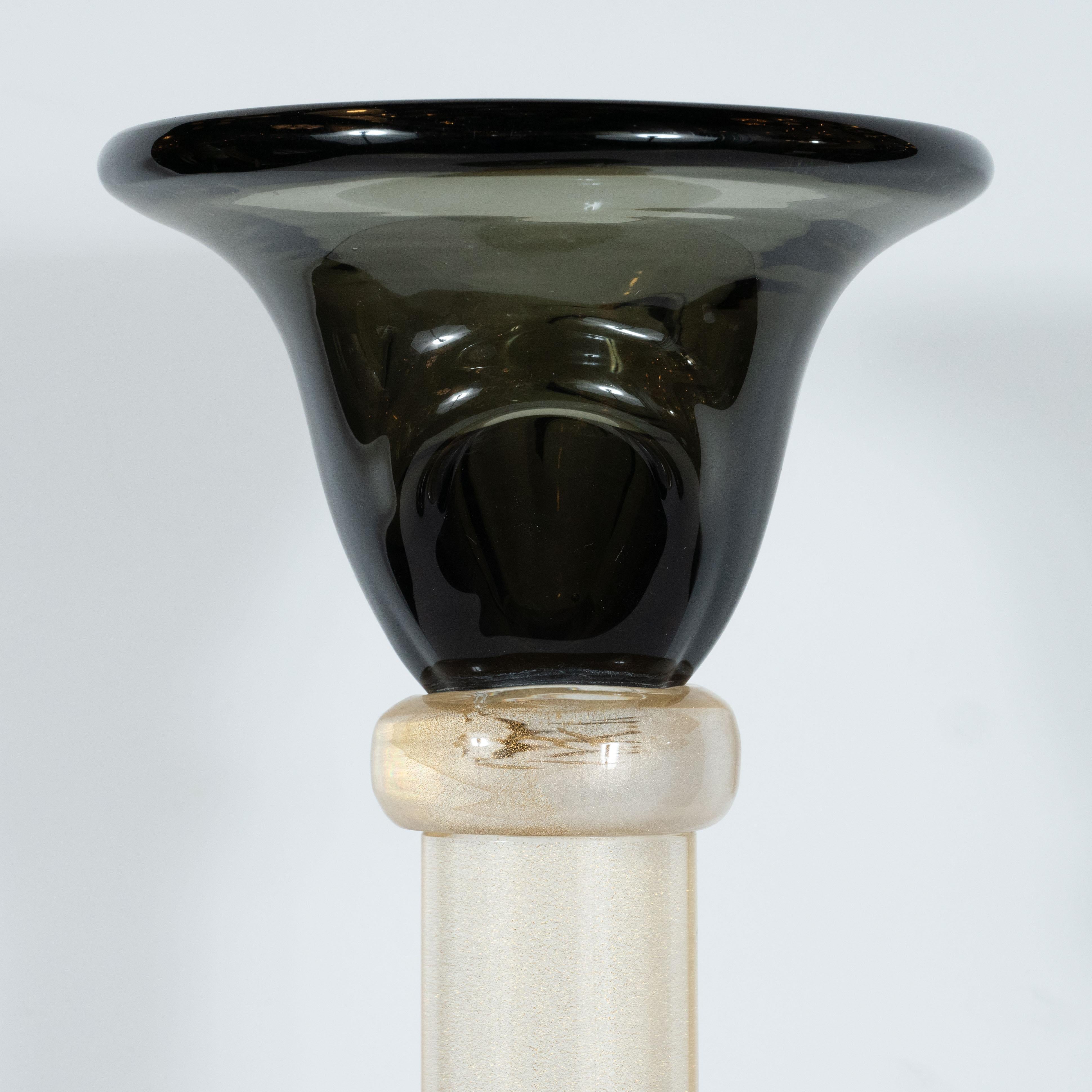 Pair of Modernist Handblown Murano Smoked Glass Candlesticks with 24-Karat Gold 4