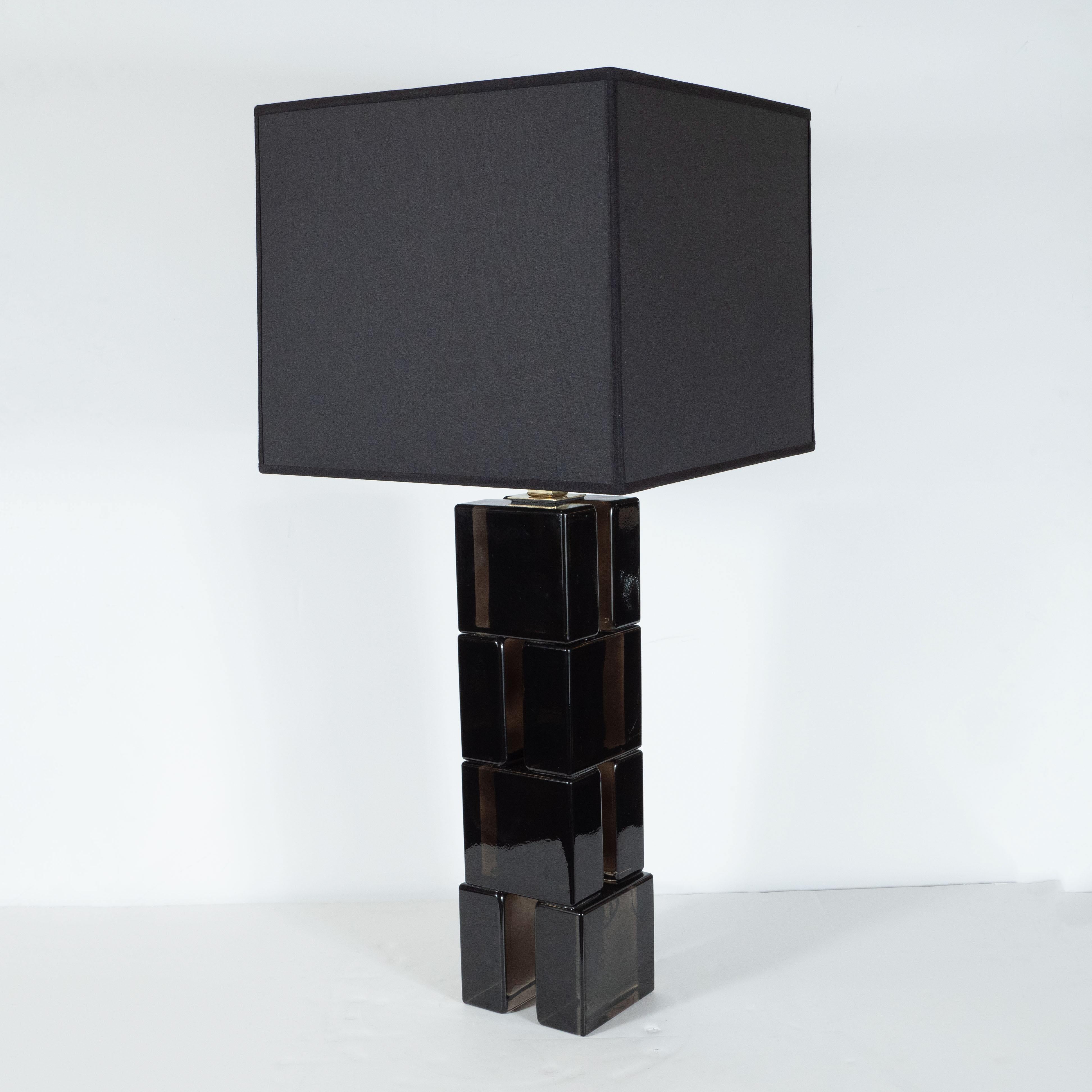 Contemporary Pair of Modernist Handblown Murano Smoked Glass Rectilinear TOTEM Table Lamps