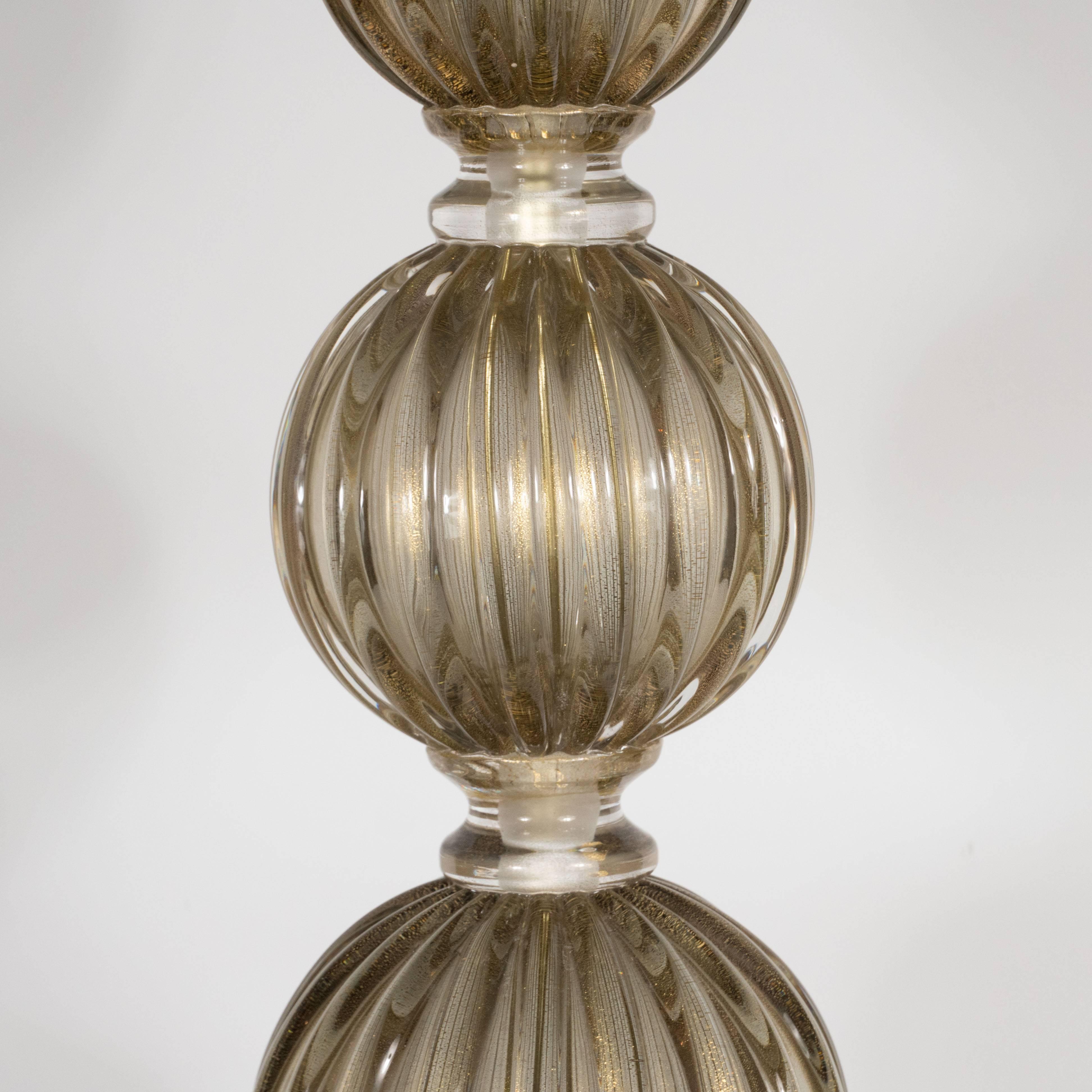 Pair of Modernist Hand Blown Murano Smoked Glass Table Lamps, 24kt Gold Flecks In Excellent Condition In New York, NY