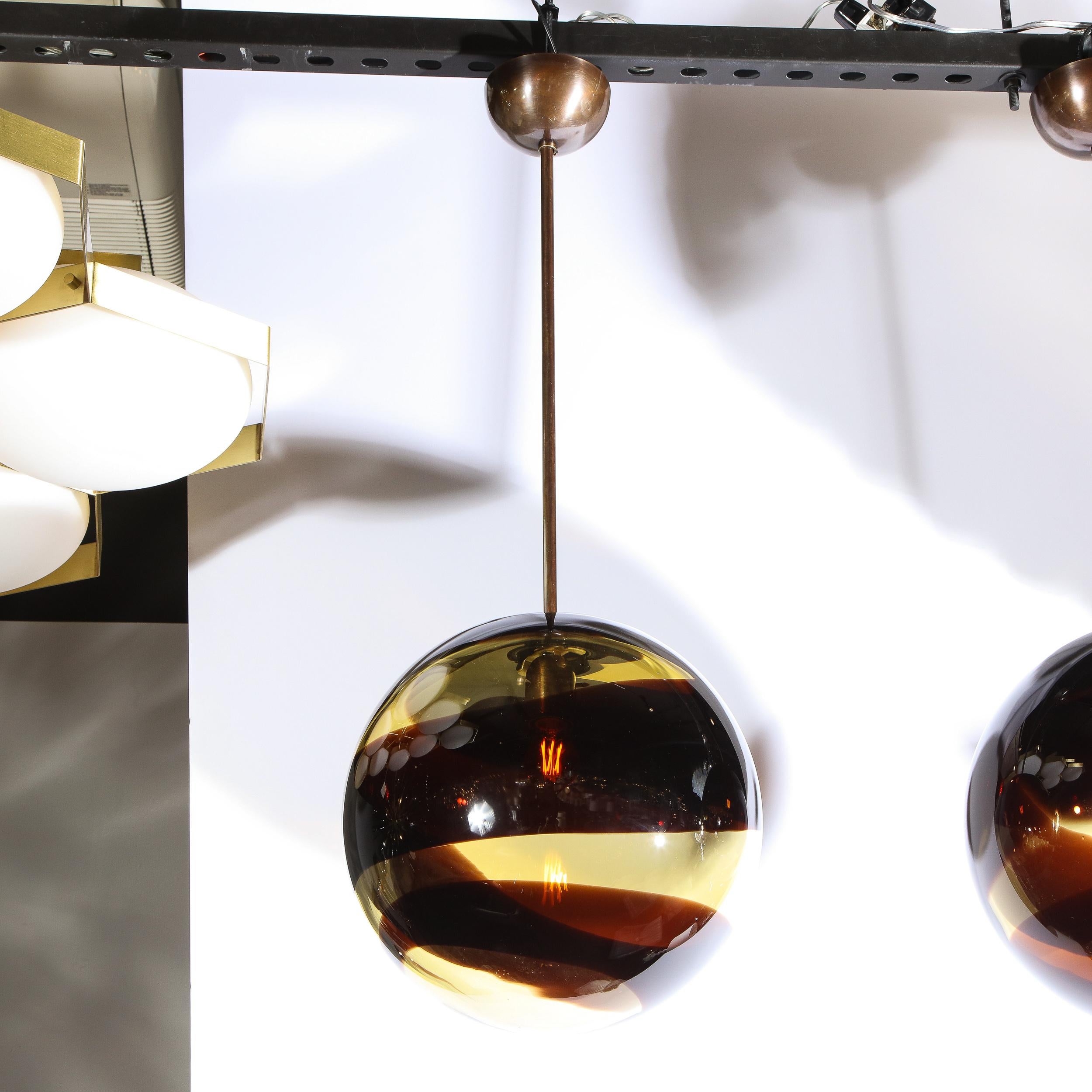 Italian Pair of Modernist Handblown Murano Smoked Pendants w/ Oil Rubbed Bronze Fittings
