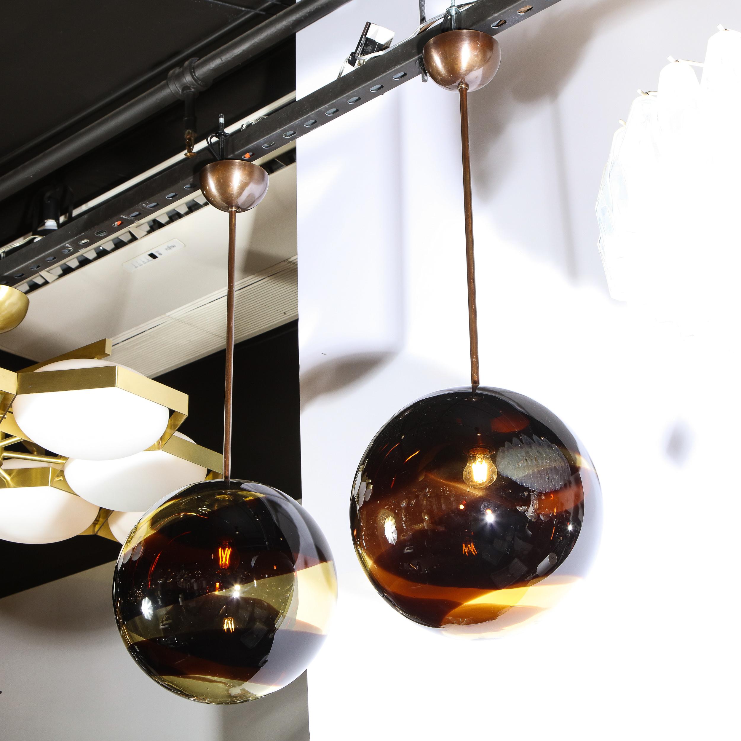 Pair of Modernist Handblown Murano Smoked Pendants w/ Oil Rubbed Bronze Fittings In New Condition In New York, NY