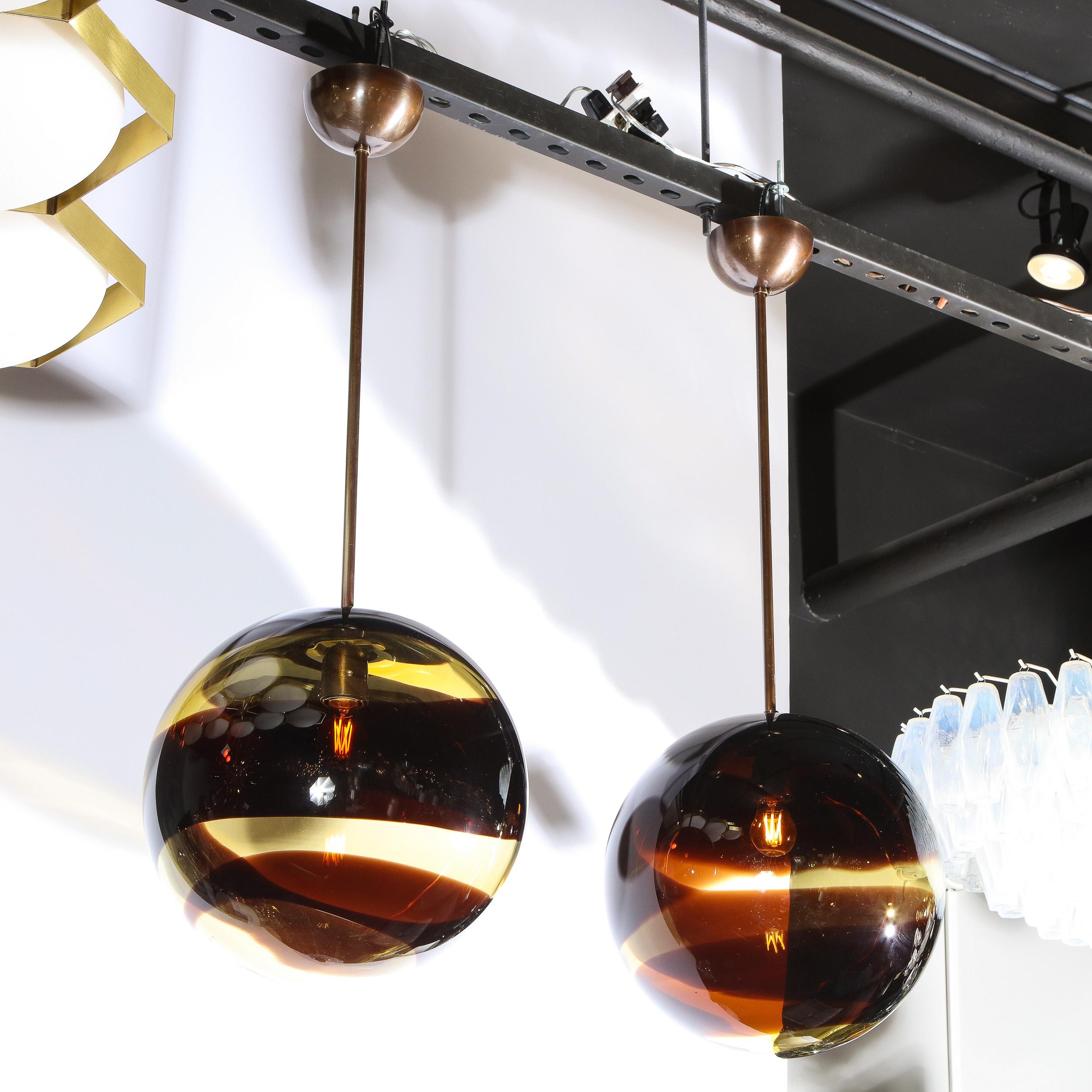 Contemporary Pair of Modernist Handblown Murano Smoked Pendants w/ Oil Rubbed Bronze Fittings