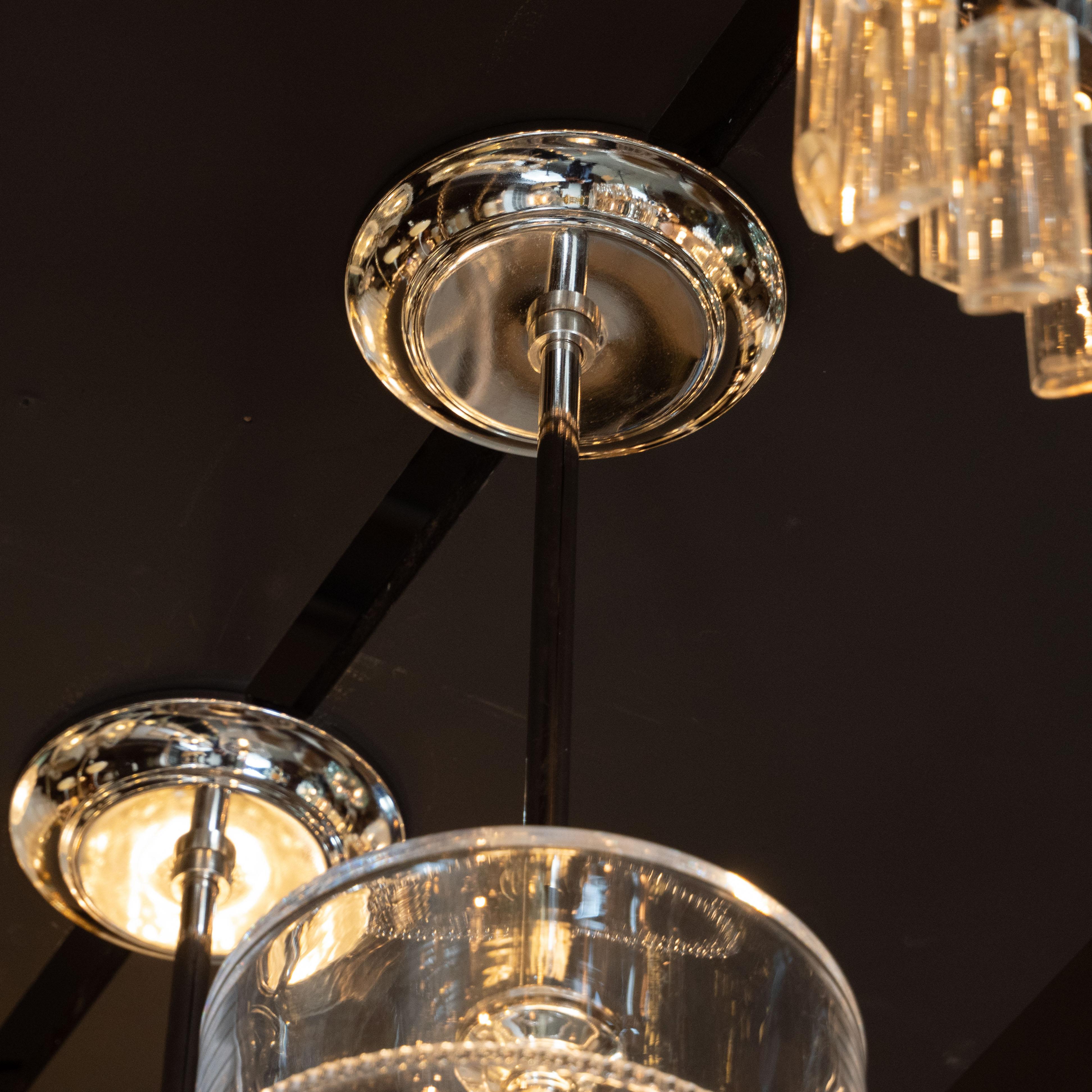 20th Century Pair of Modernist Handblown Translucent Glass Pendants with Chrome Fittings
