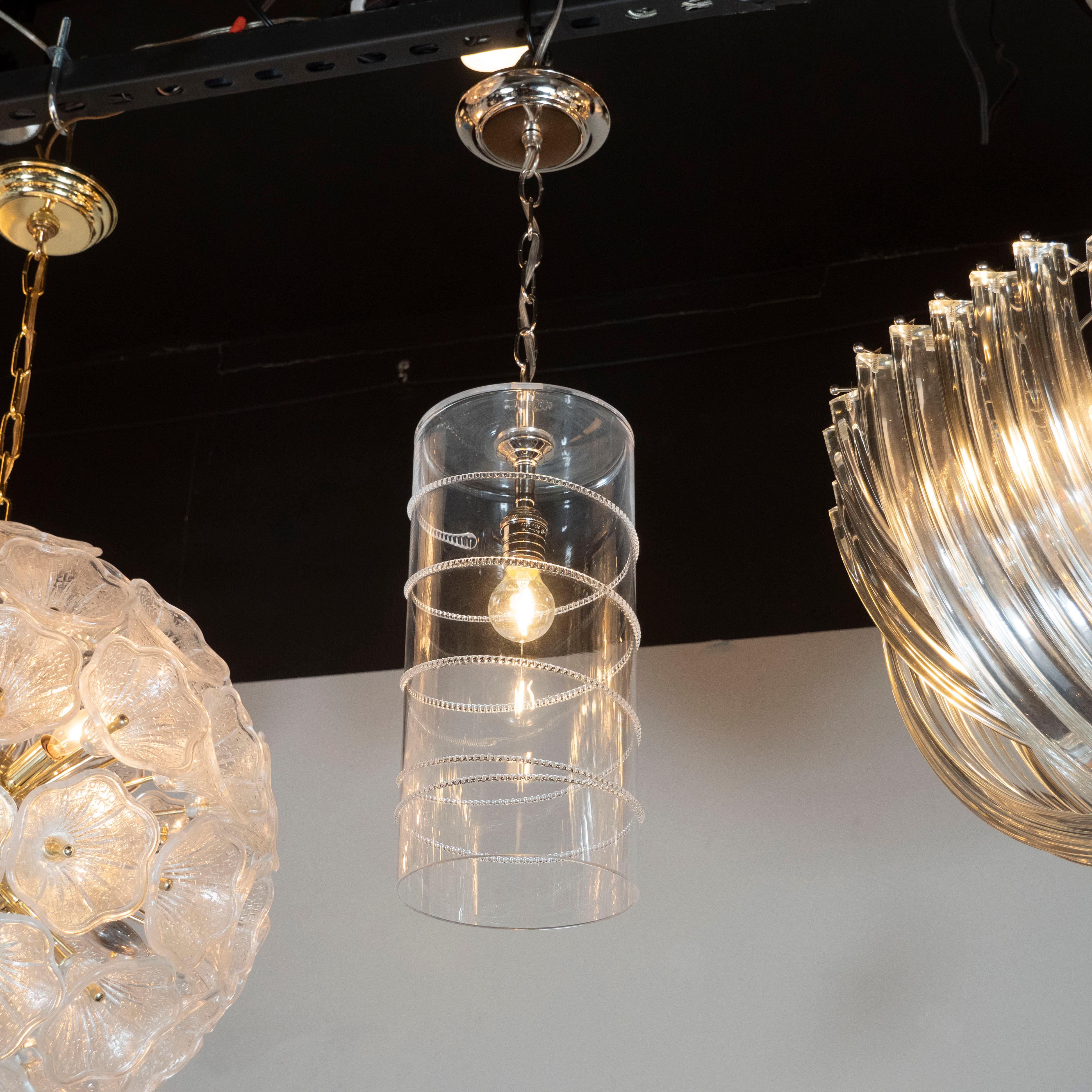 20th Century Pair of Modernist Handblown Translucent Glass Pendants with Nickel Fittings