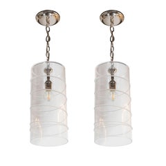 Pair of Modernist Handblown Translucent Glass Pendants with Nickel Fittings