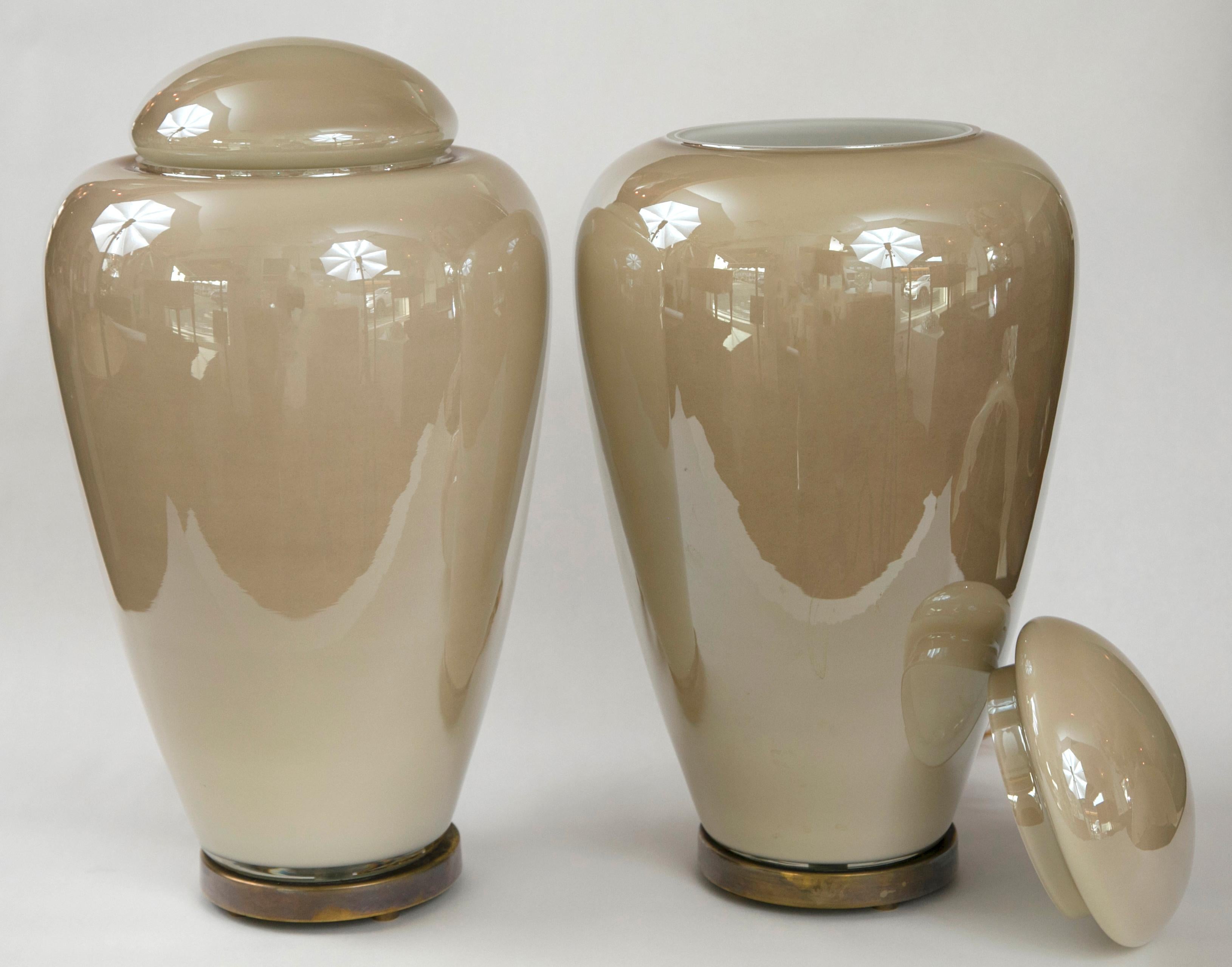 Italian Pair of Modernist Illuminating Glass Covered Vases For Sale