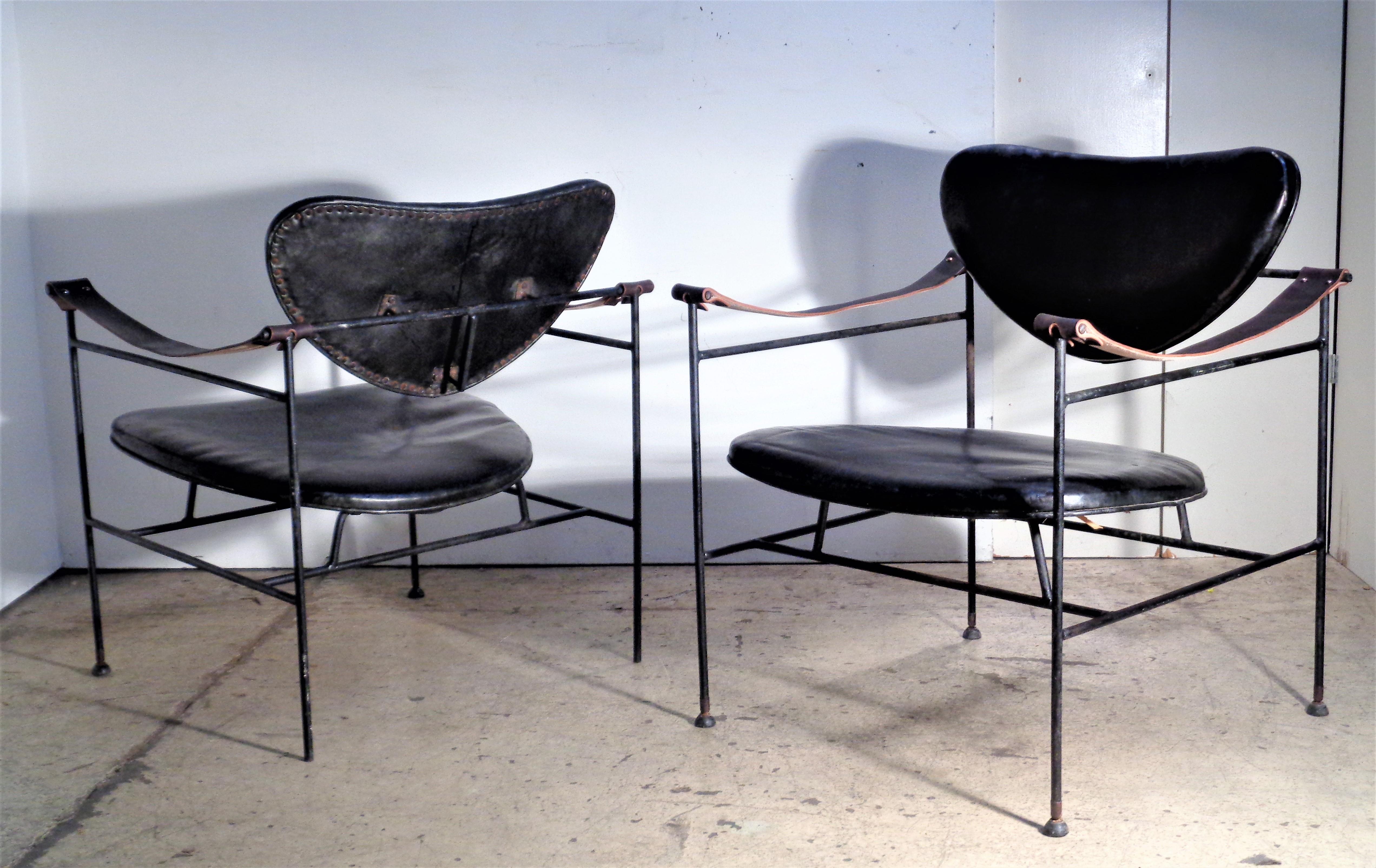 Blackened  Iron and Leather Chairs in the Style of Finn Juhl, circa 1950