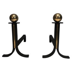 Pair of Modernist Iron 
Brass Andirons in the Style of Jacques Adnet
