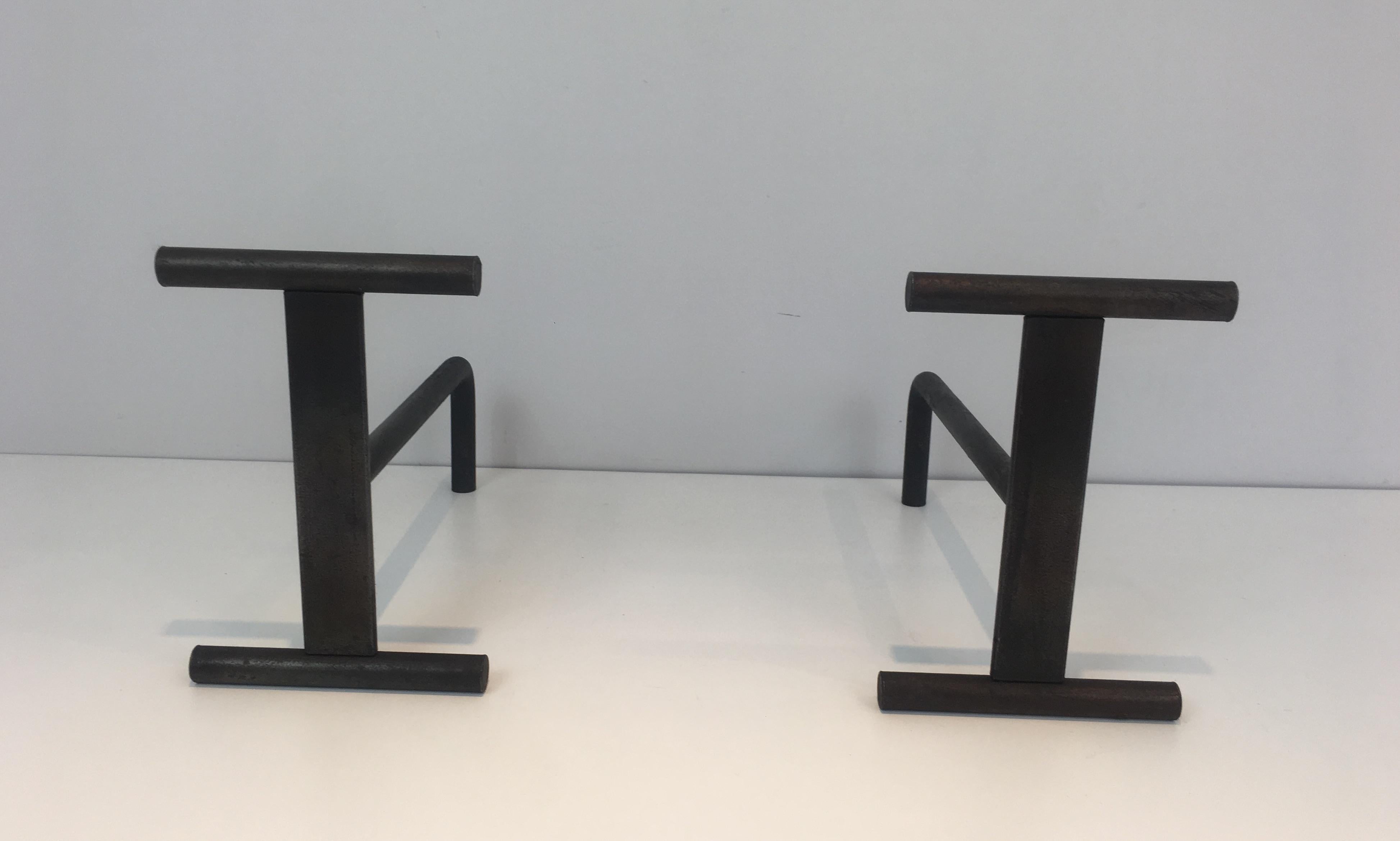 Pair of Modernist Iron Fire Place Andirons, French, circa 1970 5