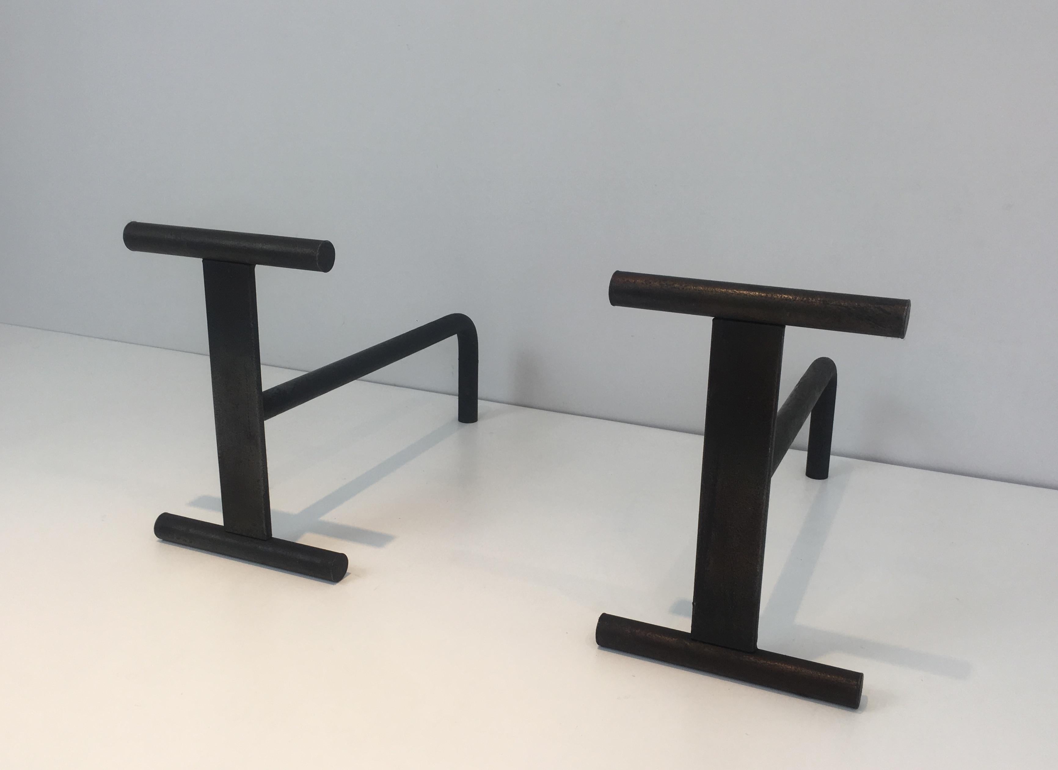 Mid-Century Modern Pair of Modernist Iron Fire Place Andirons, French, circa 1970