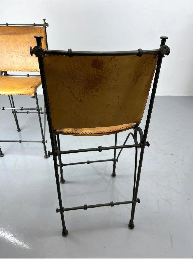 Pair of European Modernist Iron & Rebar Frame Stools in Distressed Leather For Sale 6